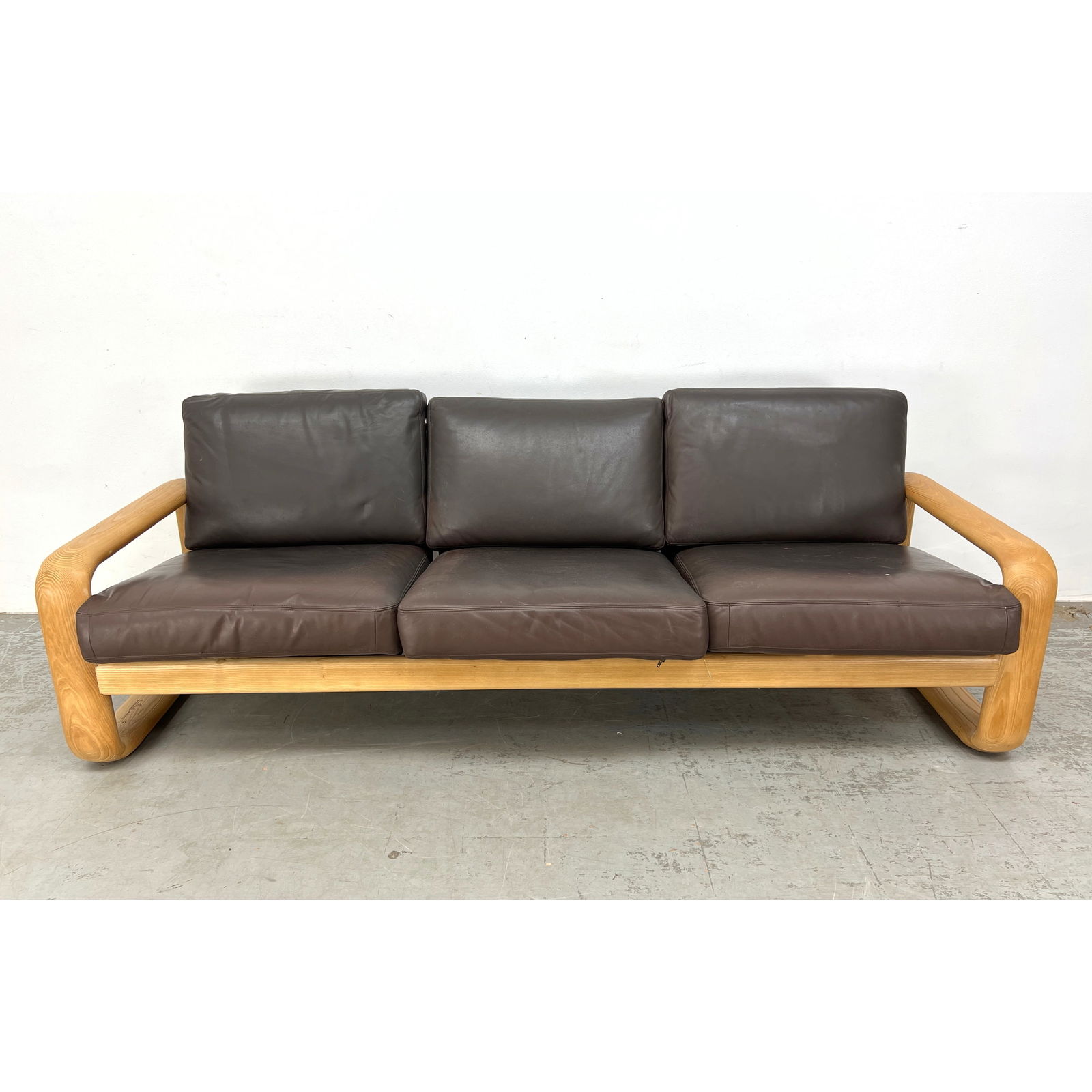 BURKHARD VOGTHERR for ROSENTHAL Modernist Sofa. Blond Wood Frame supports 3 Leather seat and back cu (1 of 9)