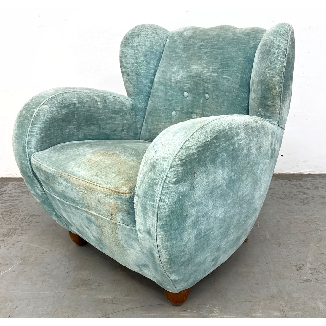 Art Deco era Aqua Upholstered Lounge Club Chair. Wide Rolled Arms and Wing Back Design. Short Wood L (1 of 9)