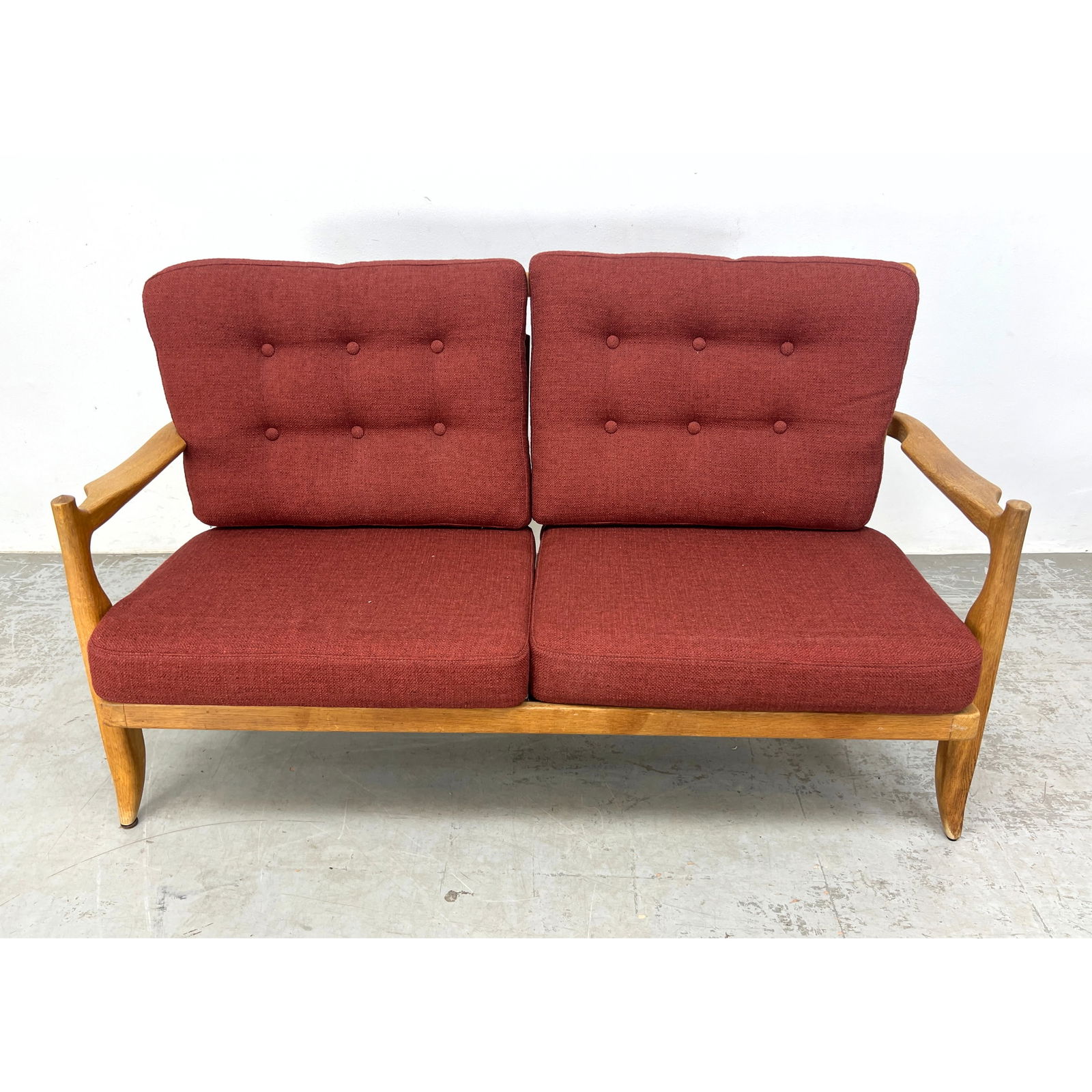 GUILLERME et CHAMBRON Oak Settee Couch. Open Arm Frame. Shaped Back Slats with Quatrefoil Cut Outs. (1 of 10)