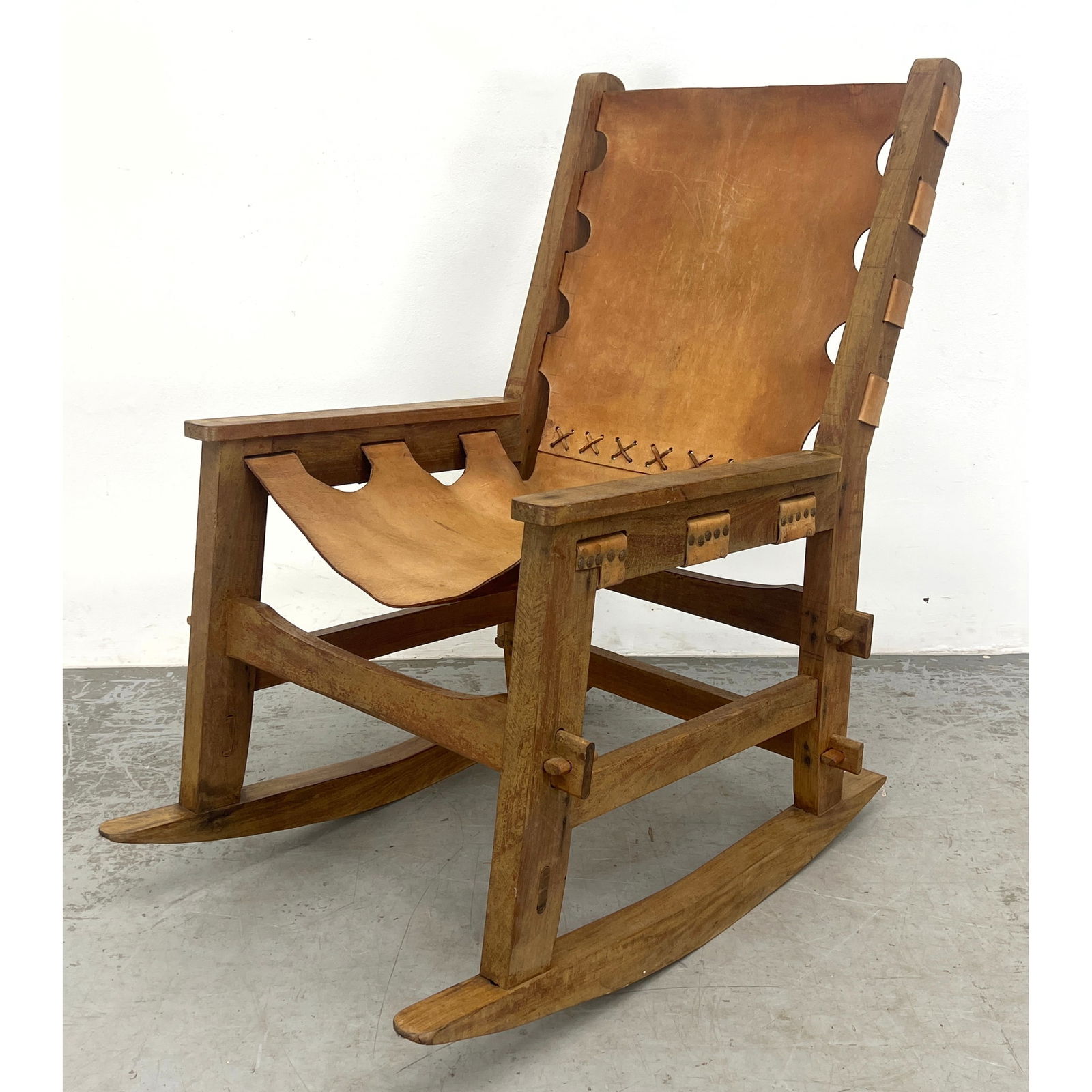 Peruvian Studio Crafted Artisan Made Leather Sling Rocking Chair, 1950s, Unsigned (1 of 13)