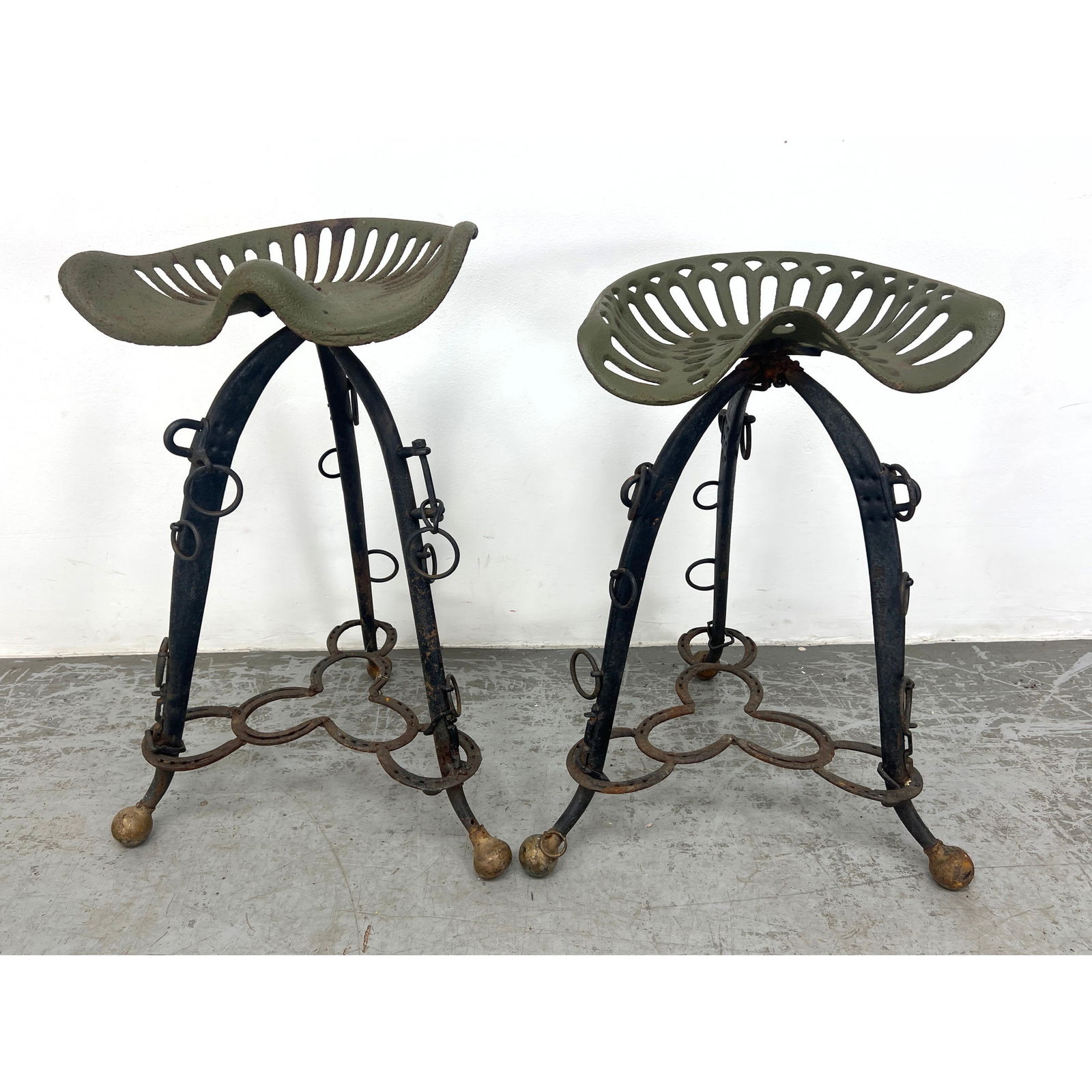 Pair Custom Welded Iron Bar Stools. Tractor Seats with Horse Shoe Details. (1 of 13)