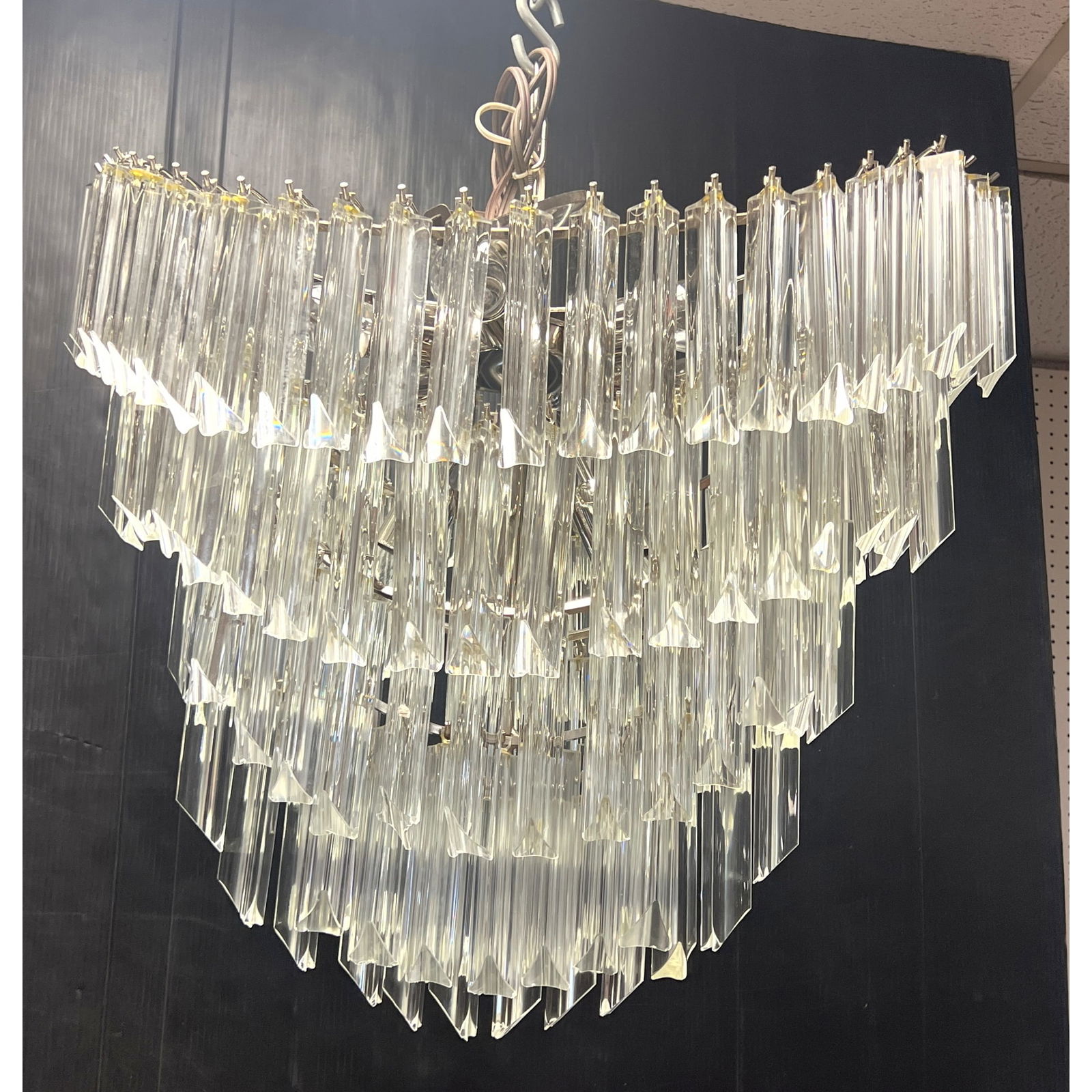 Camer Glass style Multi Tiered chandelier. Venini style prisms: Camer Glass style Multi Tiered chandelier. Venini style prisms Dimensions: Height: 27 inches, Width: 26 inches, Depth: 16 inches. --- - We offer curbside delivery for most items to NYC, Manhattan, Clo