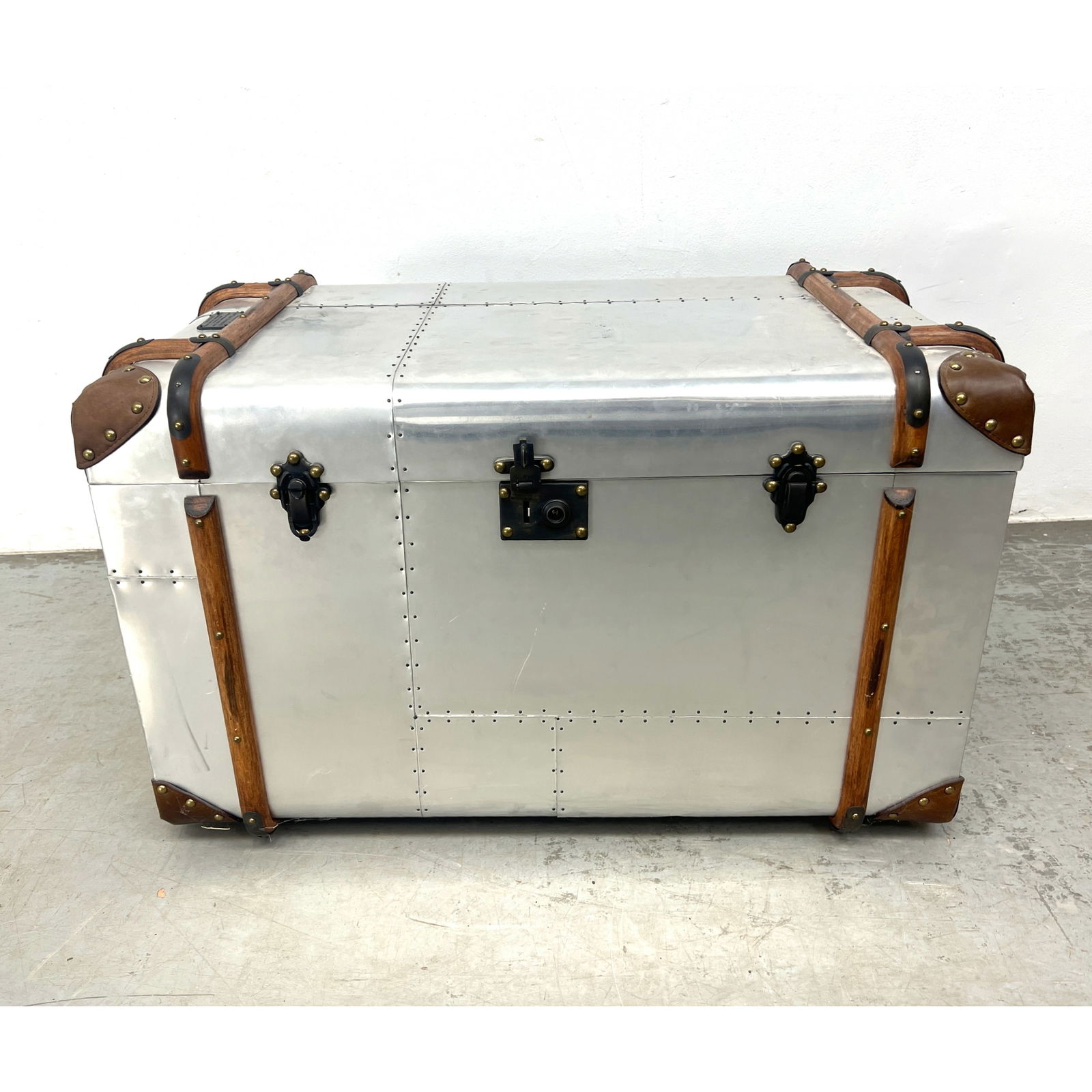 RESTORATION HARDWARE Aluminum Trunk Luggage. "Richard's Trunk" Wood Straps, Leather Trim. Reproducti (1 of 9)