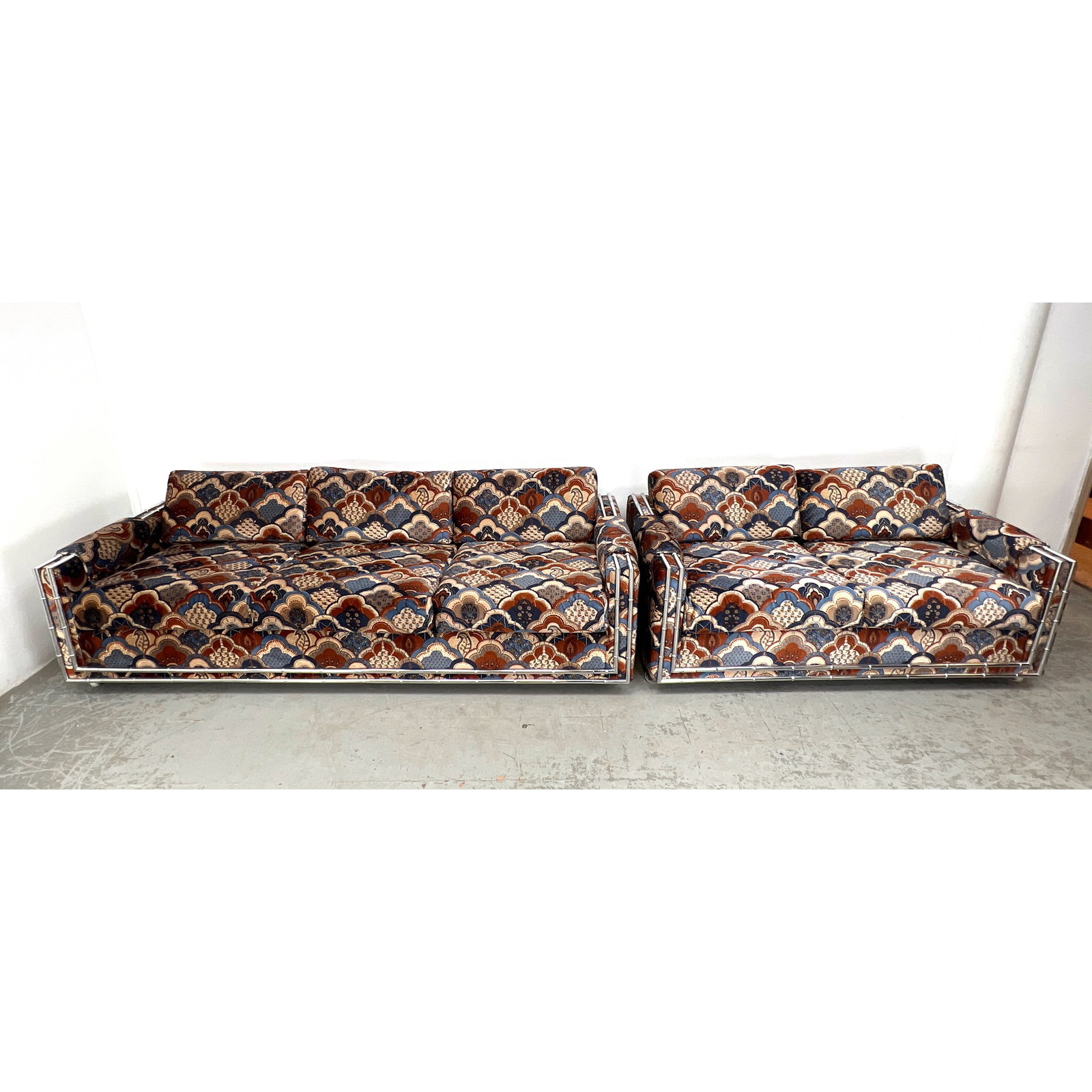 2pcs Vintage Mid Century Modern Living Room Set. Sofa and Loveseat with Chrome Faux Bamboo Trim. (1 of 19)