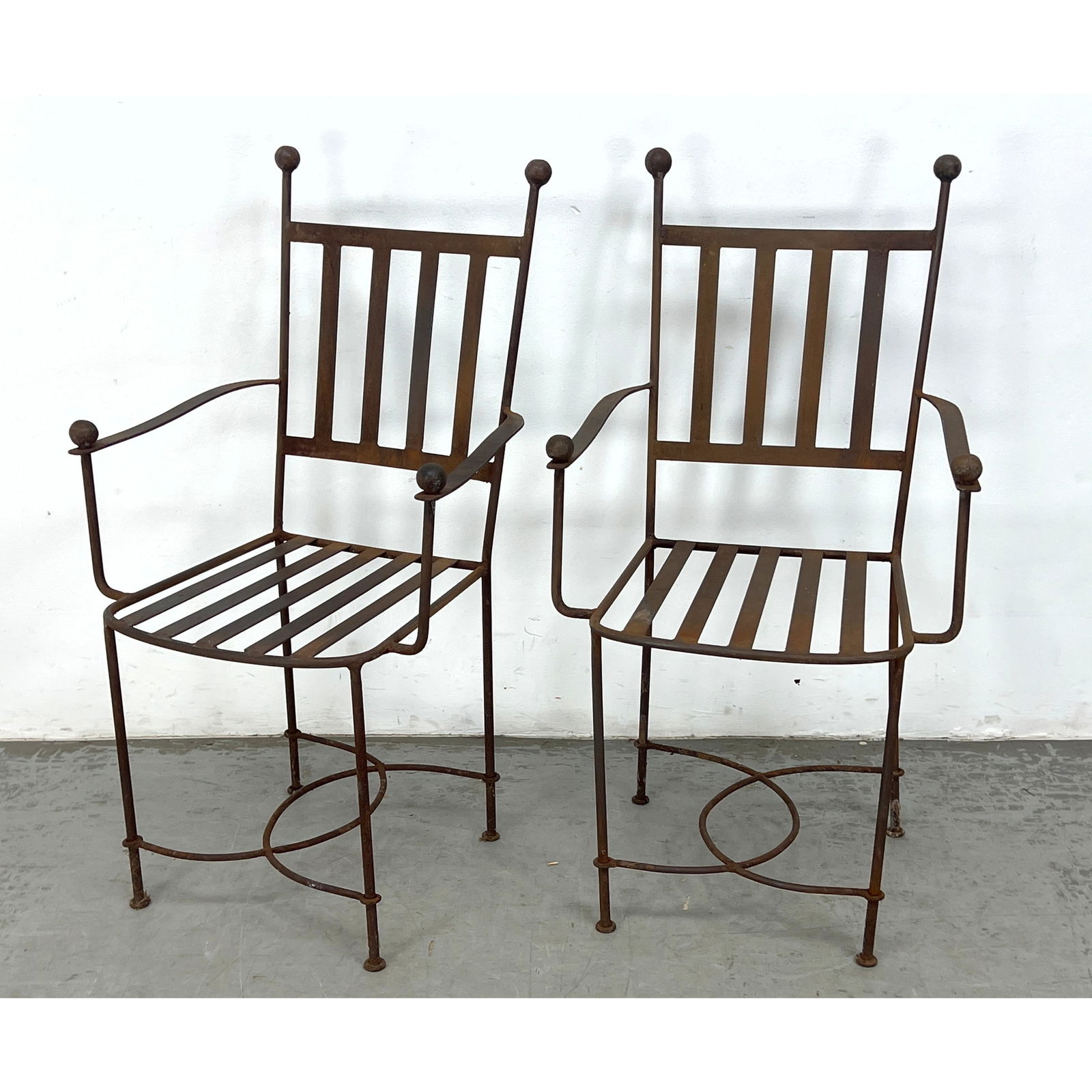 Pair Mario Papperzini for SALTERINI Style Iron Arm Chairs.: Pair Mario Papperzini for SALTERINI Style Iron Arm Chairs. Dimensions: Height: 40 inches, Width: 20 inches, Depth: 19 inches. - Seat Height: 18 inches --- - We offer curbside delivery for most items t