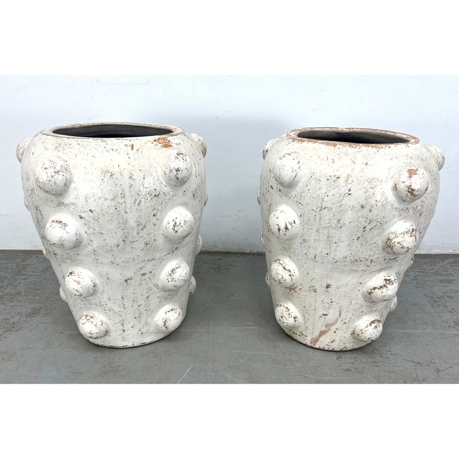 Pair Large Pottery Bumby Planters with Distressed white finish. (1 of 11)