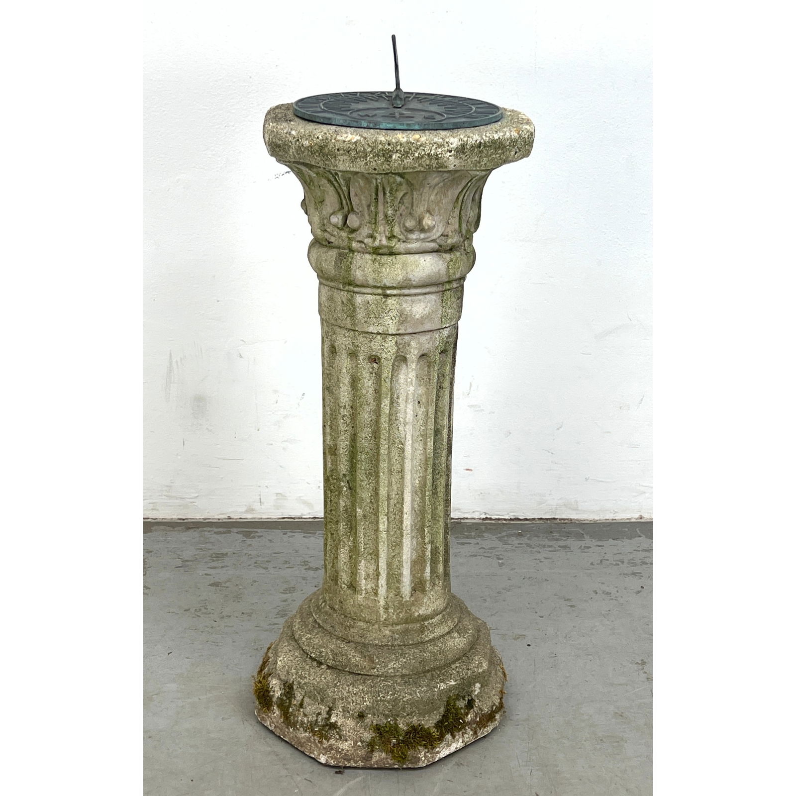 Metal Sundial on Cast Stone Pedestal Base. Garden outdoor patio.: Metal Sundial on Cast Stone Pedestal Base. Garden outdoor patio. Dimensions: Height: 27 inches, Width: 9.5 inches, Depth: 9.5 inches. --- - We offer curbside delivery for most items to NYC, Manhattan,
