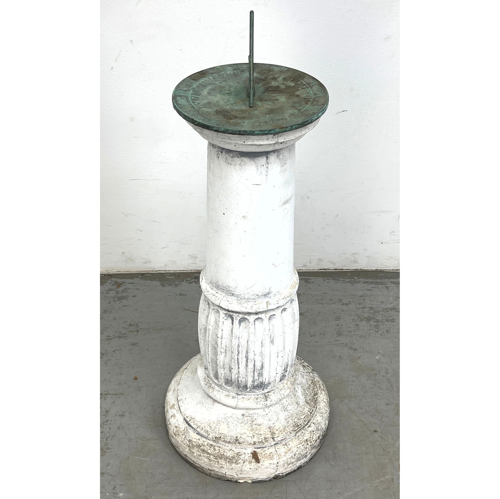 Vintage Bronze Sundial on Decorative Cast Stone Base. Virginia Mastercrafters.: Vintage Bronze Sundial on Decorative Cast Stone Base. Virginia Mastercrafters. Dimensions: Height: 26 inches, Width: 10 inches, Depth: 10 inches. --- - We offer curbside delivery for most items to NYC