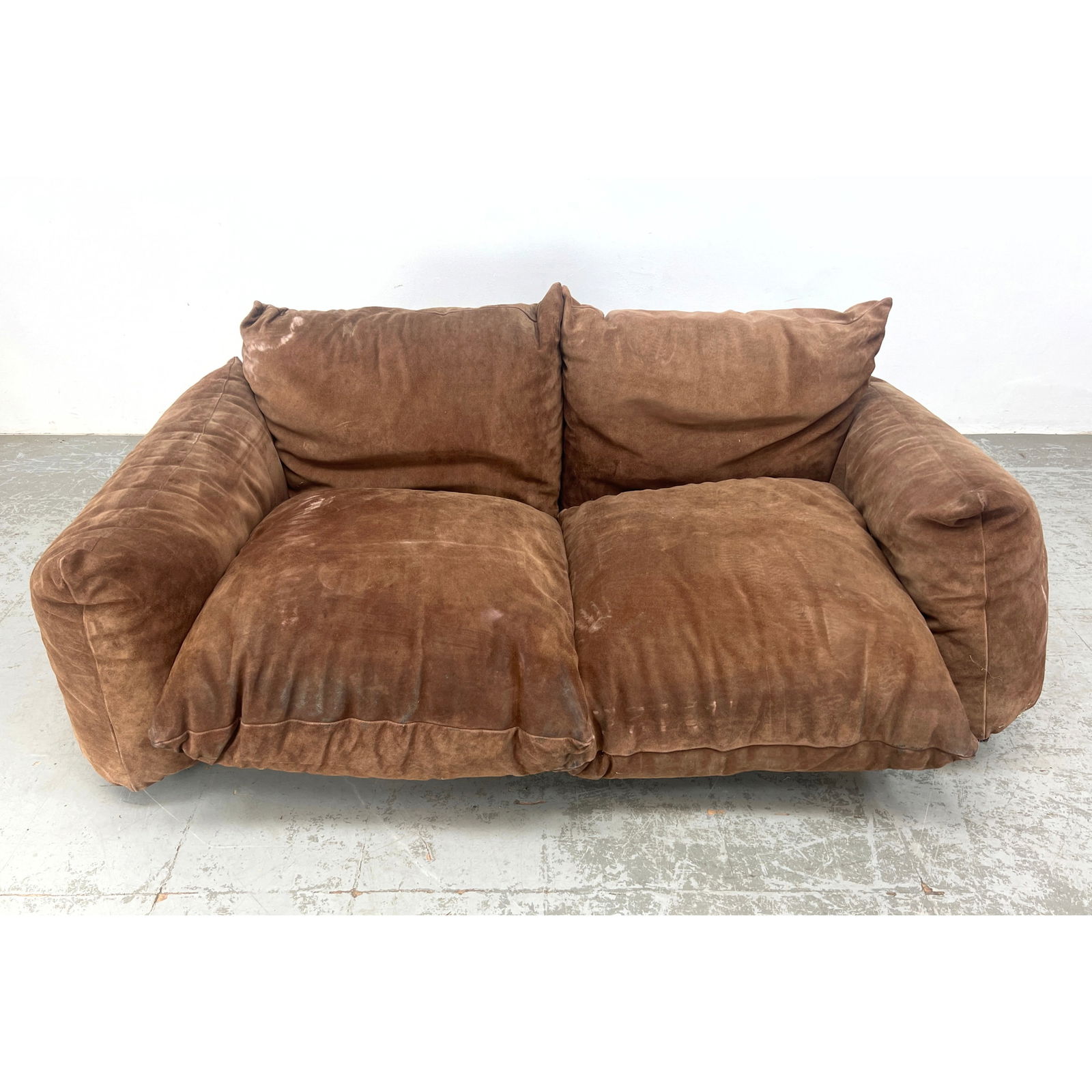 MARIO MARENCO for ARFLEX, ITALY Love Seat. Slouchy form settee with large oversized brown suede pill (1 of 9)