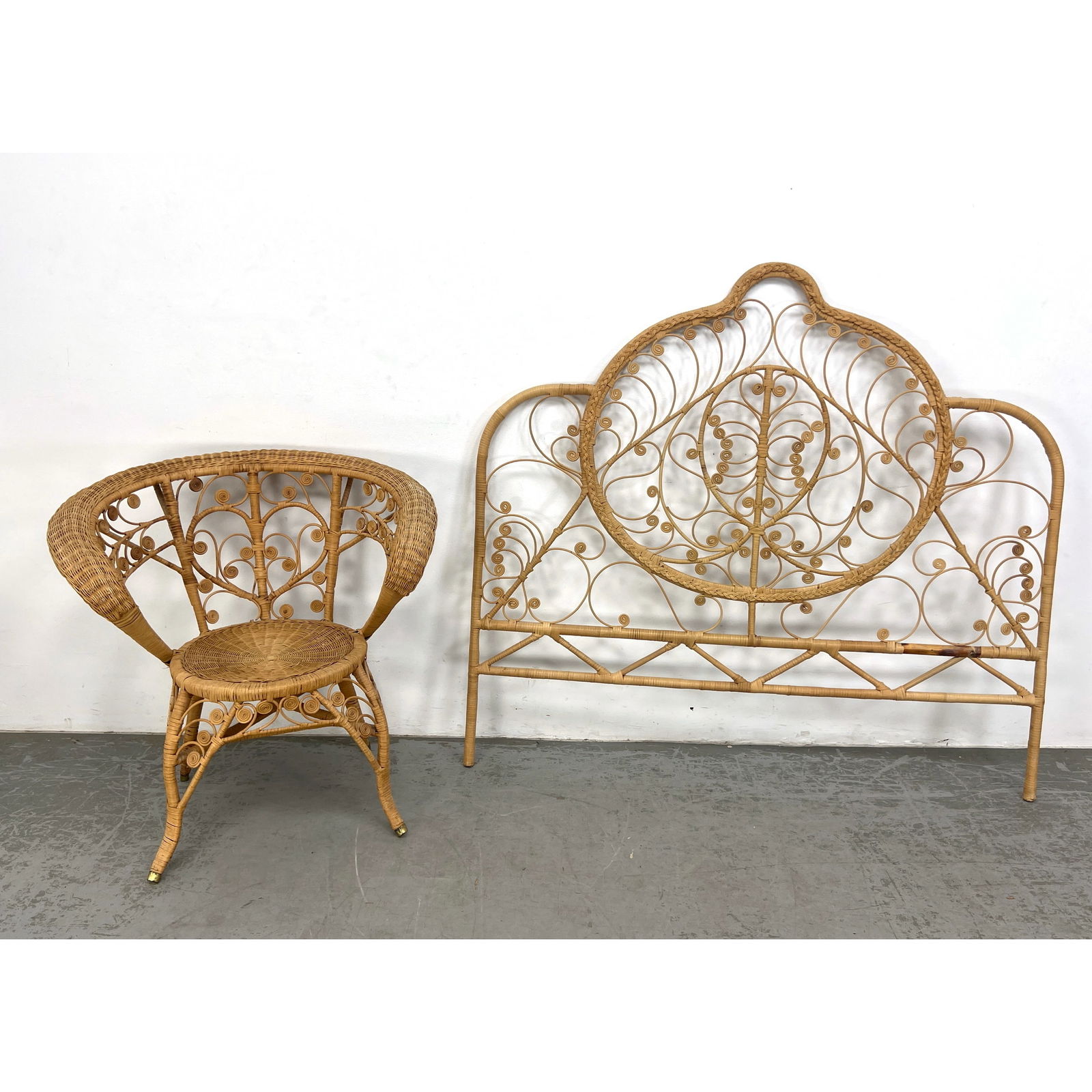 2pcs Fancy Wicker Rattan Furniture. Headboard and Chair. (1 of 12)