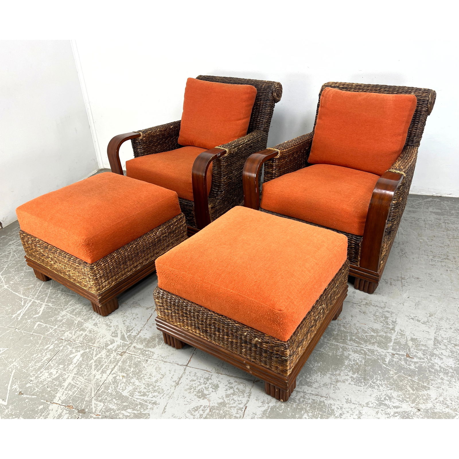 4pc lounge set by Palecek, comprising two armchairs and two matching ottomans. Rattan. (1 of 19)
