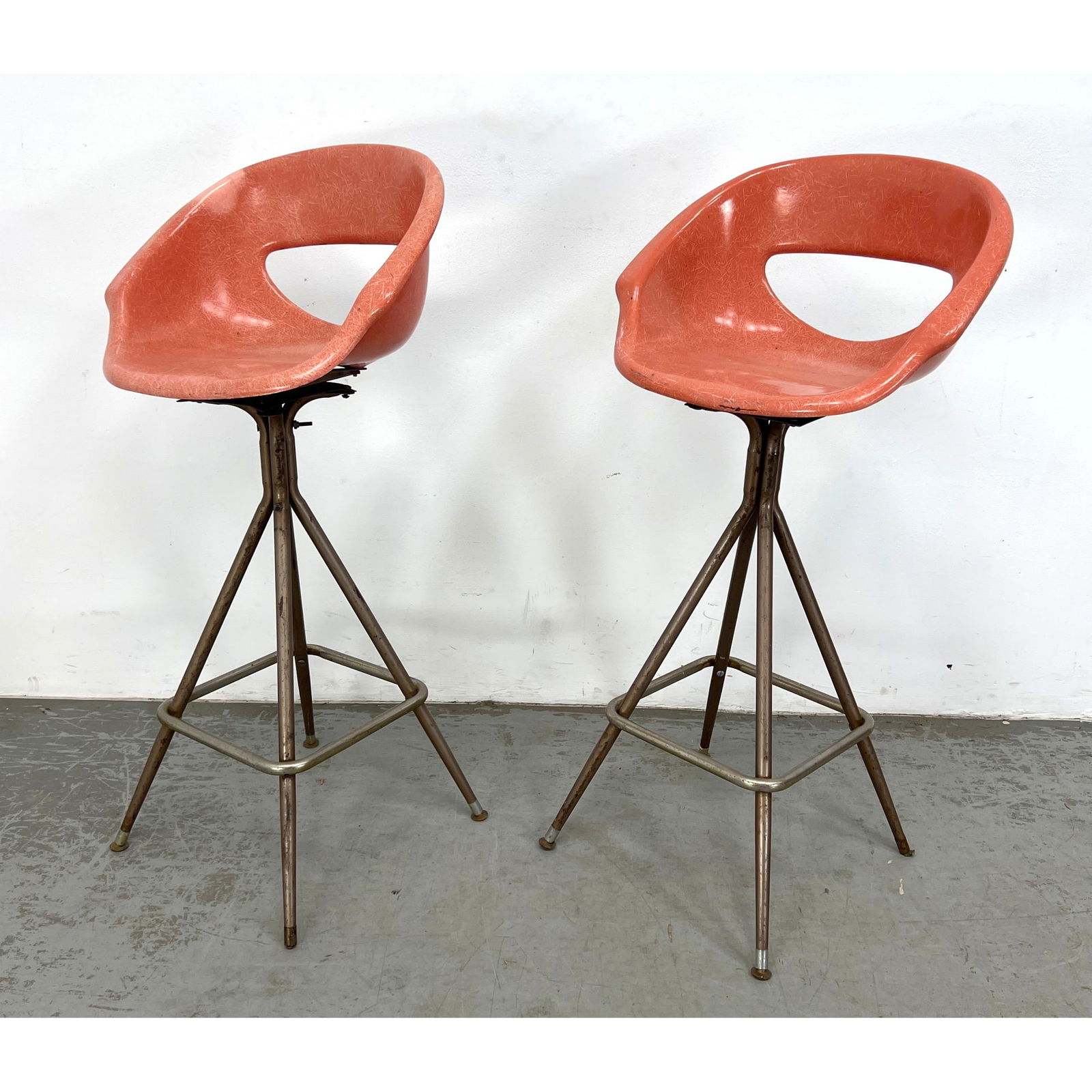 pair of mid-century modern bar stools. salmon-colored fiberglass shell seat (1 of 16)