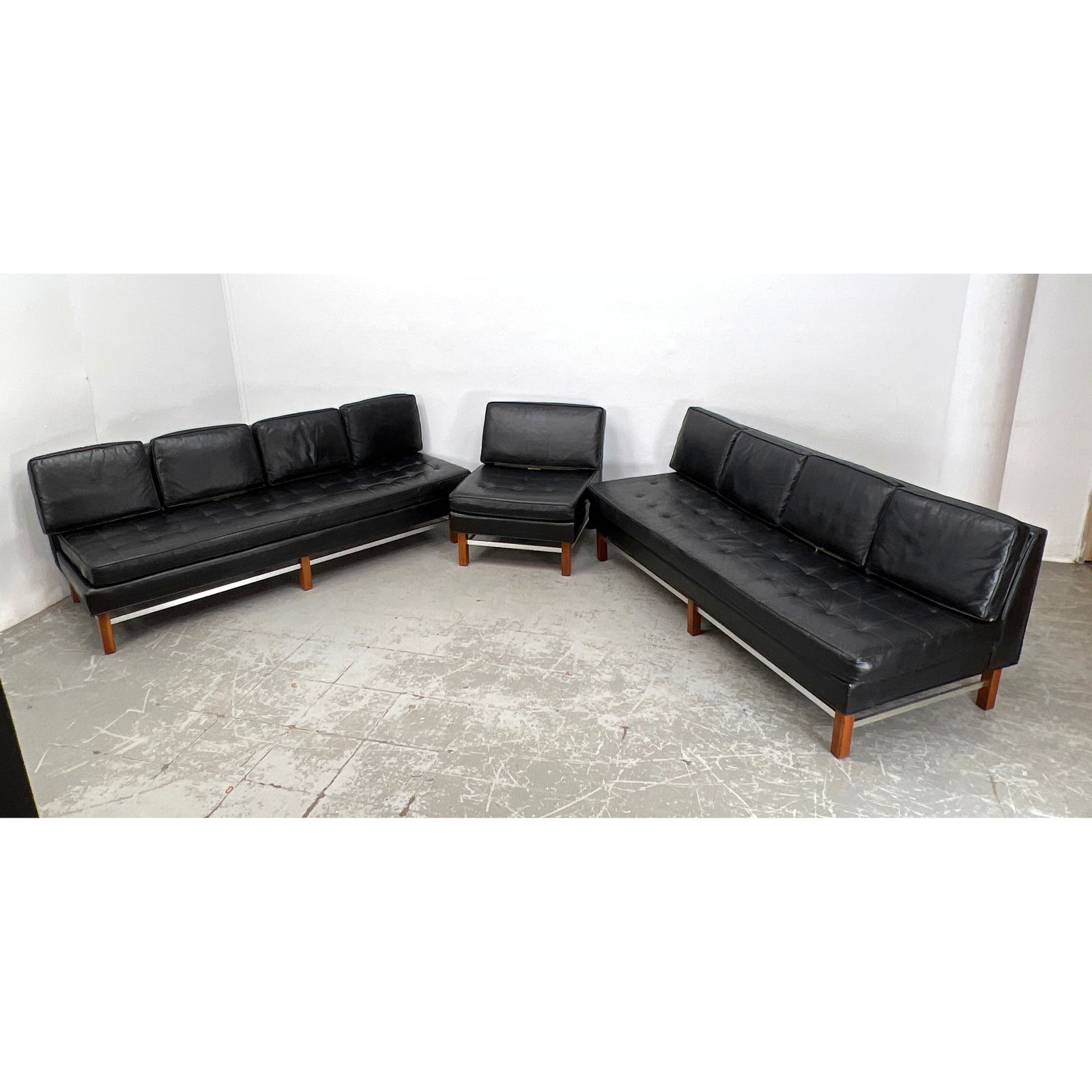 Black Leather Mid Century Modern Living Room Set. Walnut and Aluminum Base. 1960's (1 of 20)