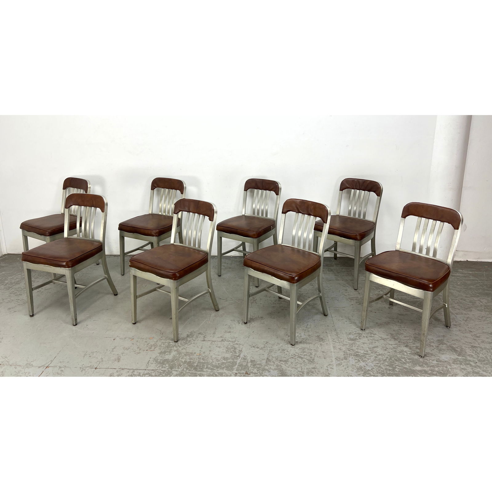 Set 8 Goodform Aluminum Chairs. General Fireproofing.: Set 8 Goodform Aluminum Chairs. General Fireproofing. Dimensions: Height: 34 inches, Width: 18 inches, Depth: 17 inches. - Seat Height: 20.5 inches --- - We offer curbside delivery for most items to N