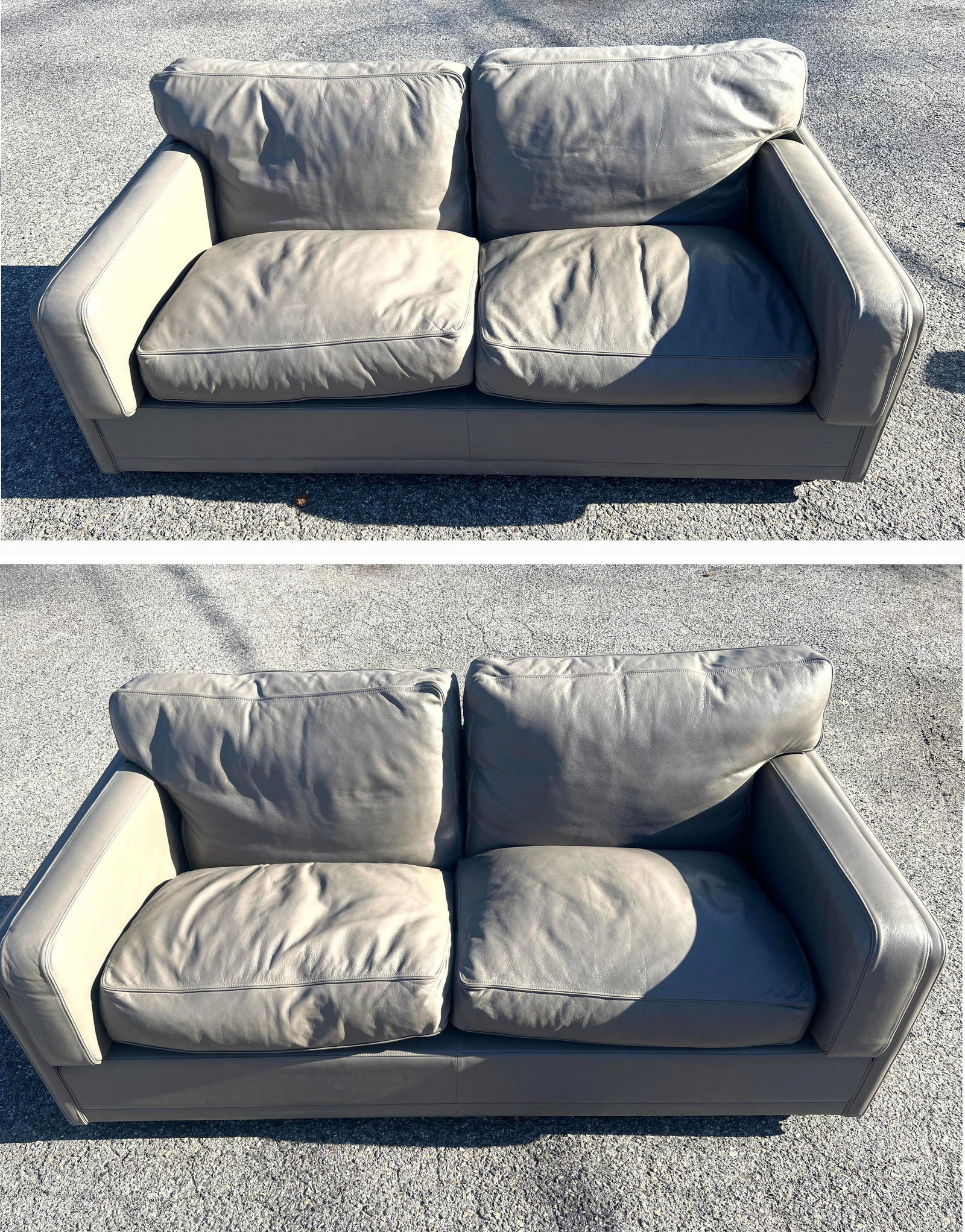 2Pc POLTRONA FRAU Light Gray Leather Love Seats. Italian Modern Design. Marked and Label.: 2Pc POLTRONA FRAU Light Gray Leather Love Seats. Italian Modern Design. Marked and Label. Dimensions: Height: 32 inches, Width: 69 inches, Depth: 36 inches. - Seat Height: 16.5 inches --- - We offer c