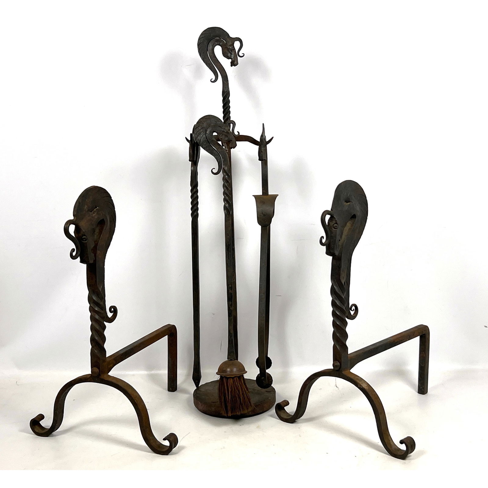 Samuel Yellin Style Hand Forged Iron Fireplace Set. Andirons and Tools with Stand. Horse head design: Samuel Yellin Style Hand Forged Iron Fireplace Set. Andirons and Tools with Stand. Horse head design. Dimensions: Height: 29.5 inches, Width: 7 inches, Depth: 7 inches. --- US Packing and Shipping cha
