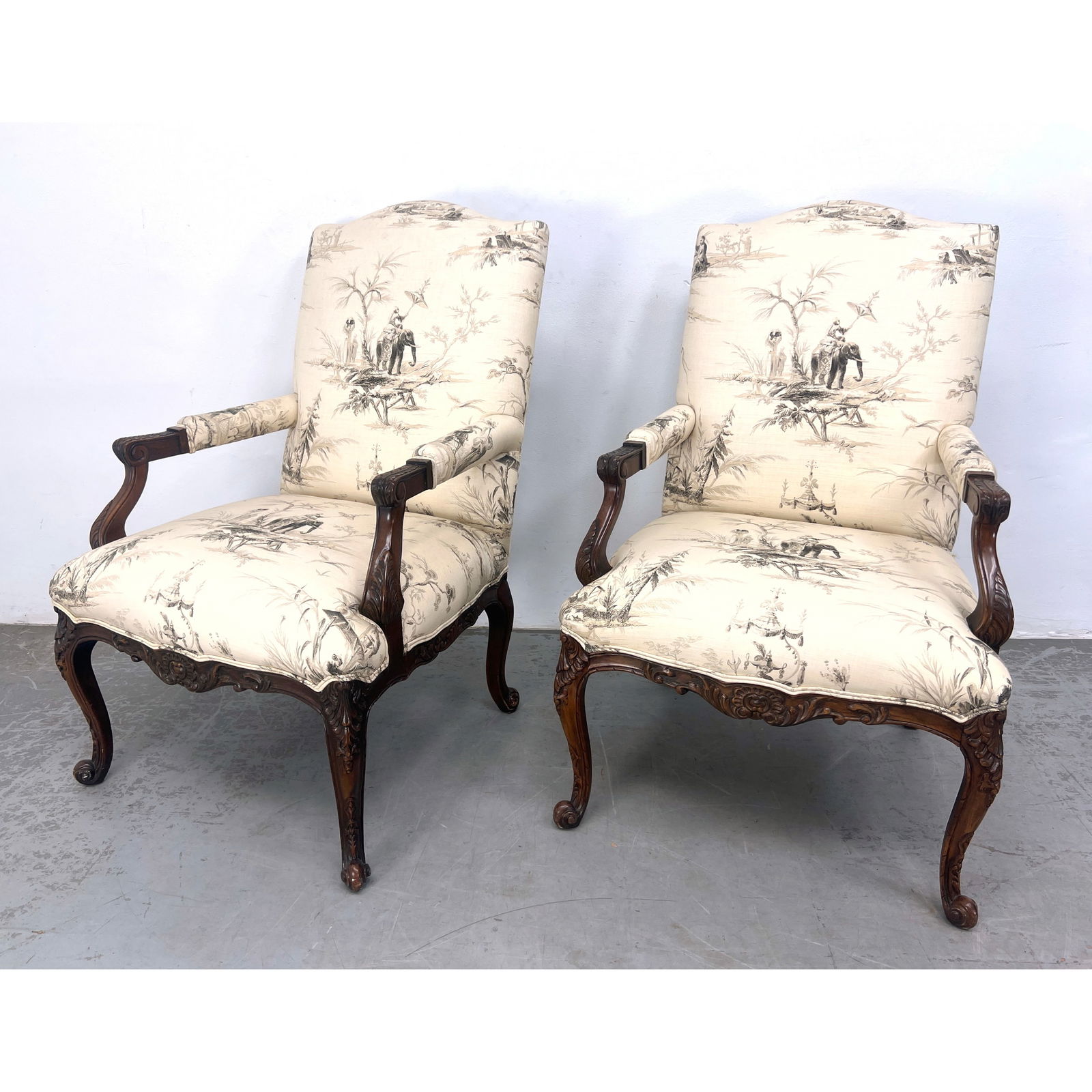 Pr BAKER FURNITURE French style Fauteuils Arm Chairs. Rococo style carved frame. Upholstery feature (1 of 17)
