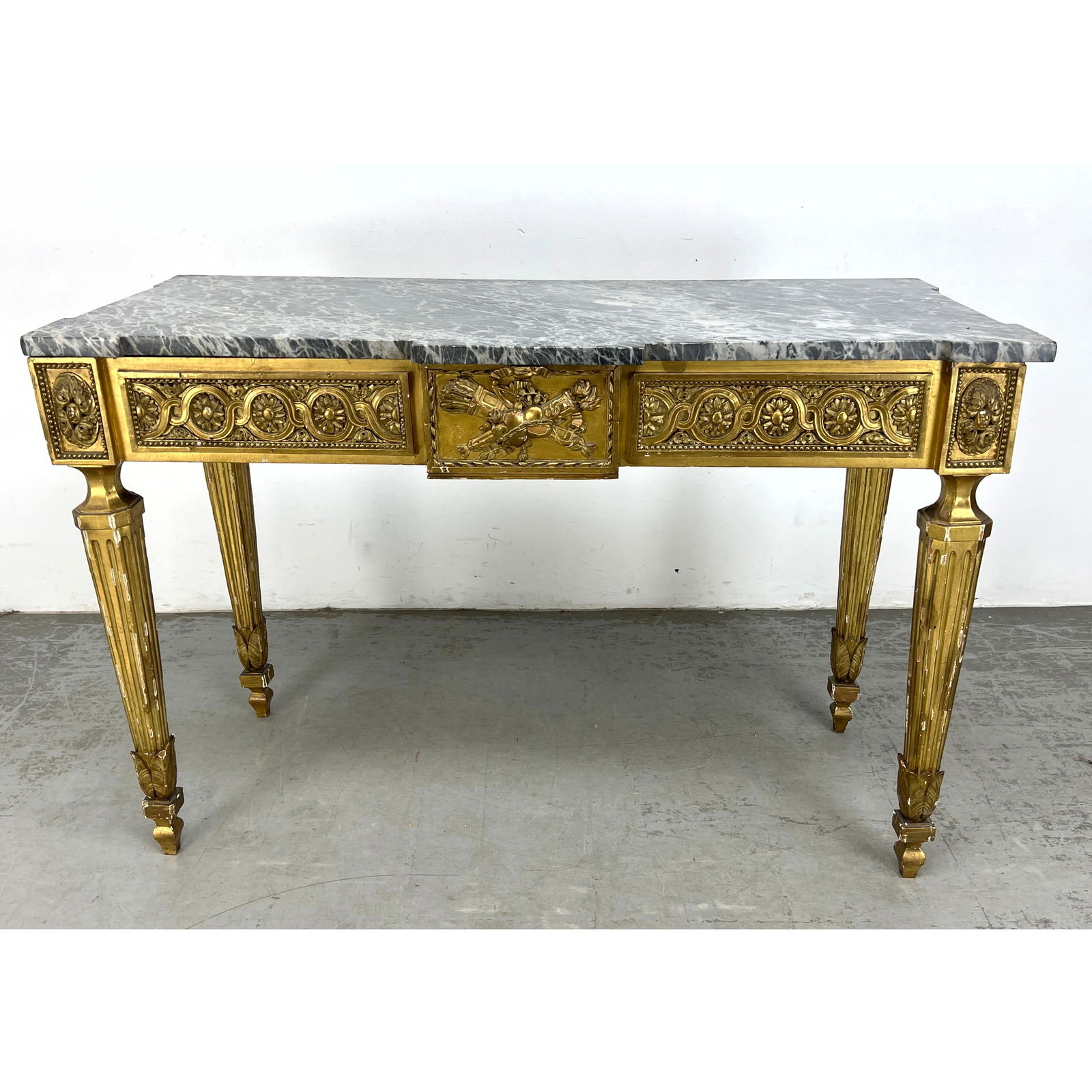 Vintage French Giltwood Marble Top Console Hall Table. Decorative Carved Wood Skirt and Legs (1 of 11)