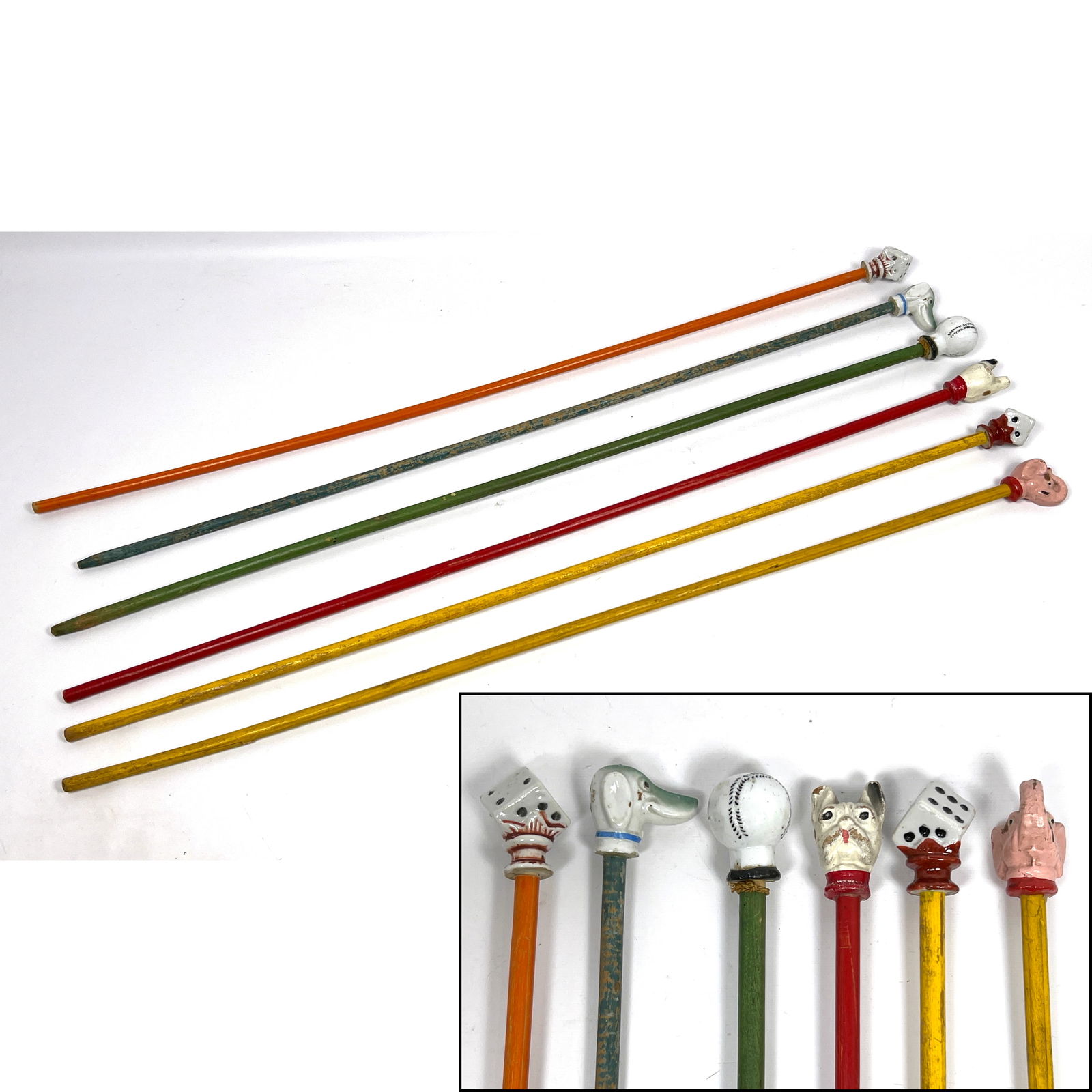 6pcs Vintage Carnival Canes Walking Sticks. Bulldog, Dice, Baseball, Etc.: 6pcs Vintage Carnival Canes Walking Sticks. Bulldog, Dice, Baseball, Etc. Dimensions: Height: 34 inches, Width: 2 inches, Depth: .5 inches. --- US Packing and Shipping charge: In house shipping availa