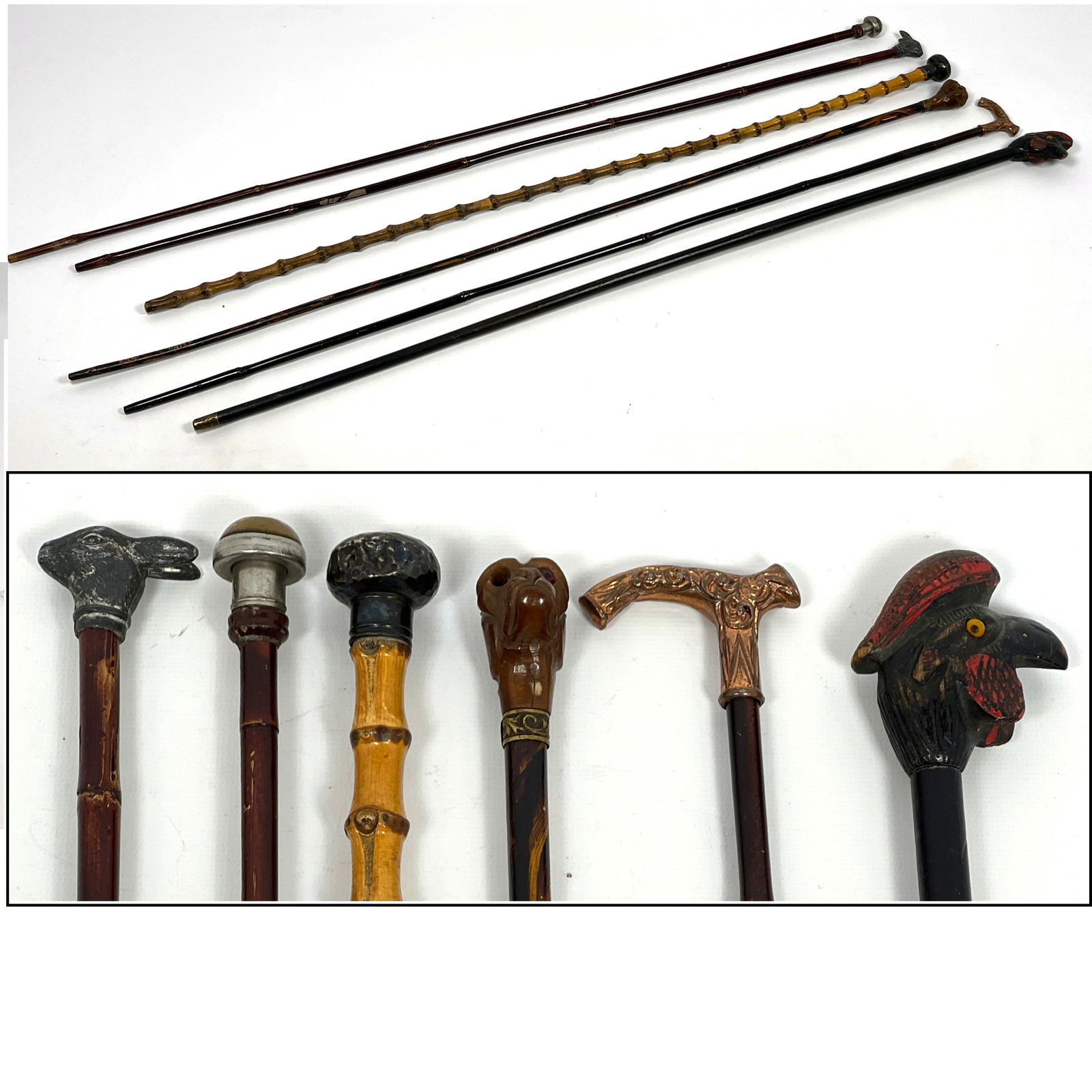 6pcs. Antique Walking Sticks Canes. Dog, Bird, Bamboo, Gold filled, Rabbit, (1 of 20)