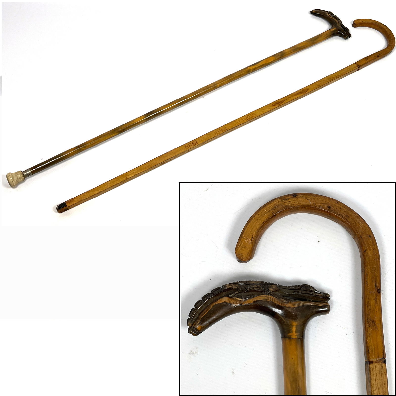 2pcs Antique Walking Stick Cane. 1st Carved Alligator. 2nd Treasure Island San Francisco Bay. Engrav (1 of 16)