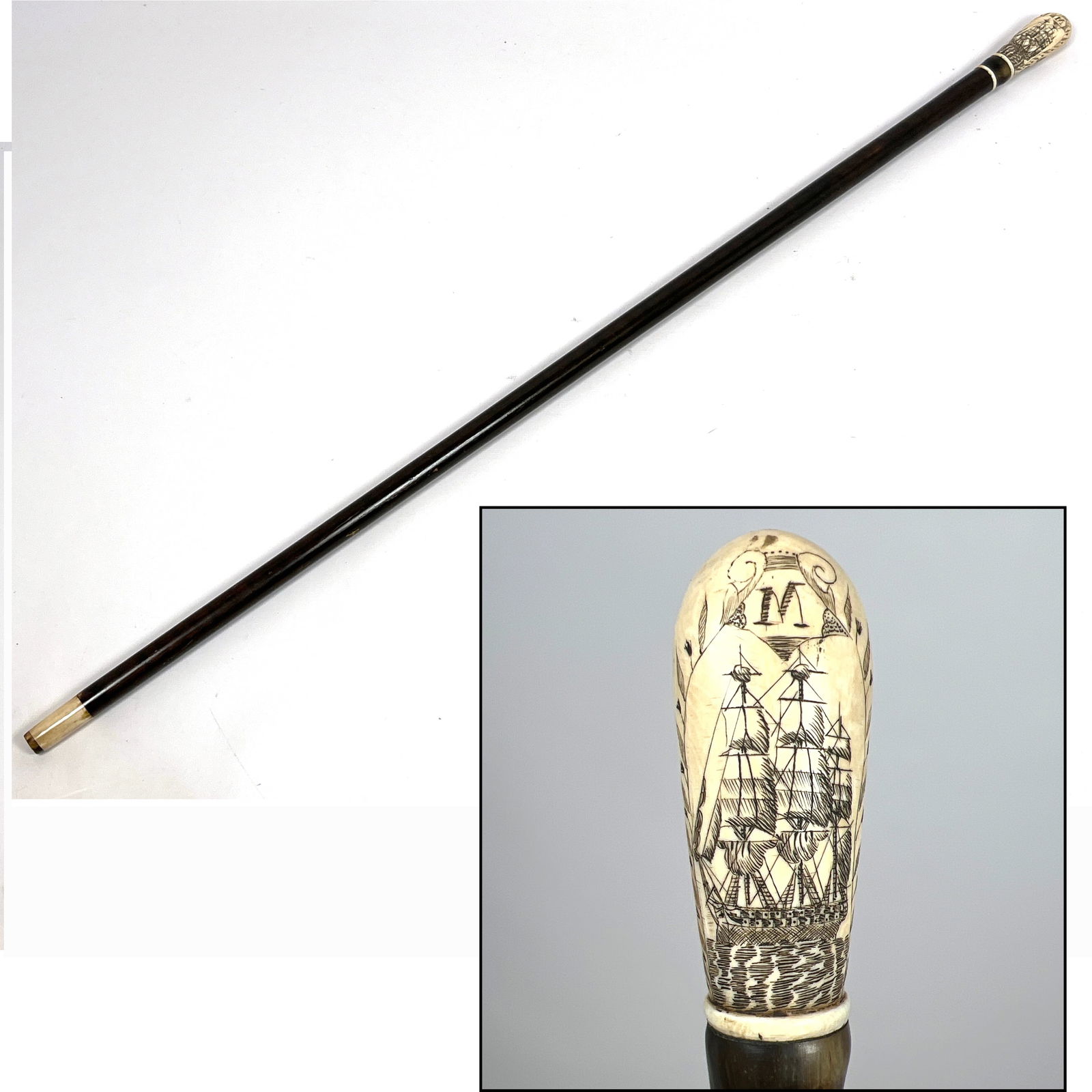 Antique folk art walking stick cane. Scrimshaw Engraved handle. One side depicts a large three-mas: Antique folk art walking stick cane. Scrimshaw Engraved handle. One side depicts a large three-masted sailing ship, surmounted by a prominent initial 'M' within decorative flourishes. The reverse side