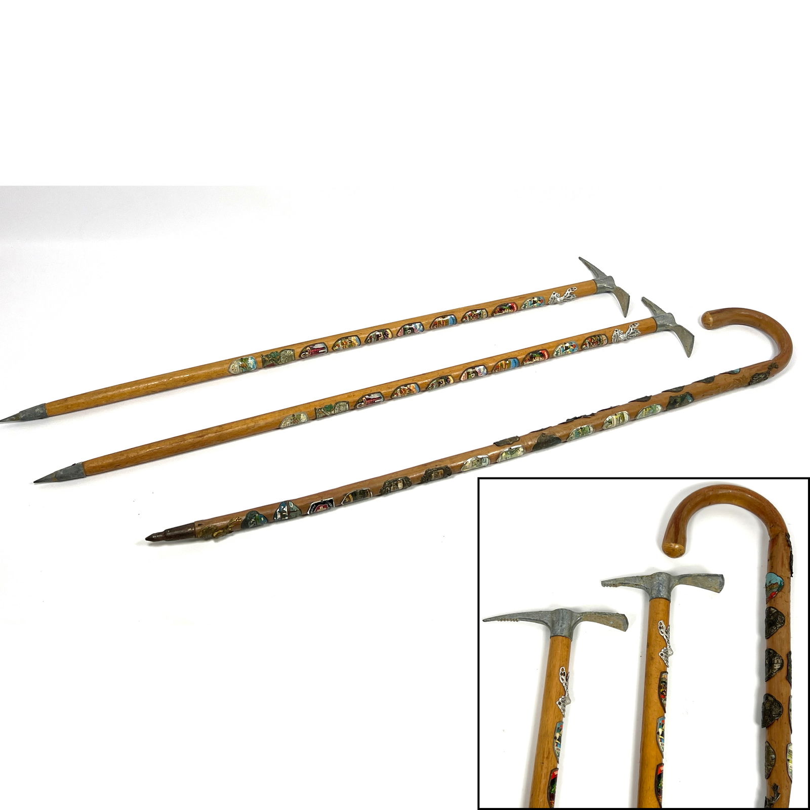 3pcs vintage walking sticks or hiking staff.  Canes.   Two of the staffs are topped with galvanized (1 of 17)