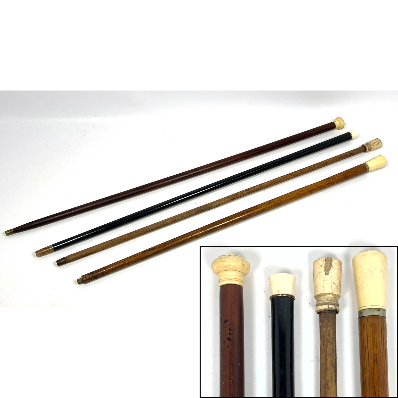4pcs Antique Canes Walking Sticks.: 4pcs Antique Canes Walking Sticks. Dimensions: Height: 37.5 inches, Width: 1.5 inches, Depth: 1 inches. - Additional Dimensions: Shortest H: 33 inches, W: 1.5 inches, D: 1 inches --- US Packing and Sh