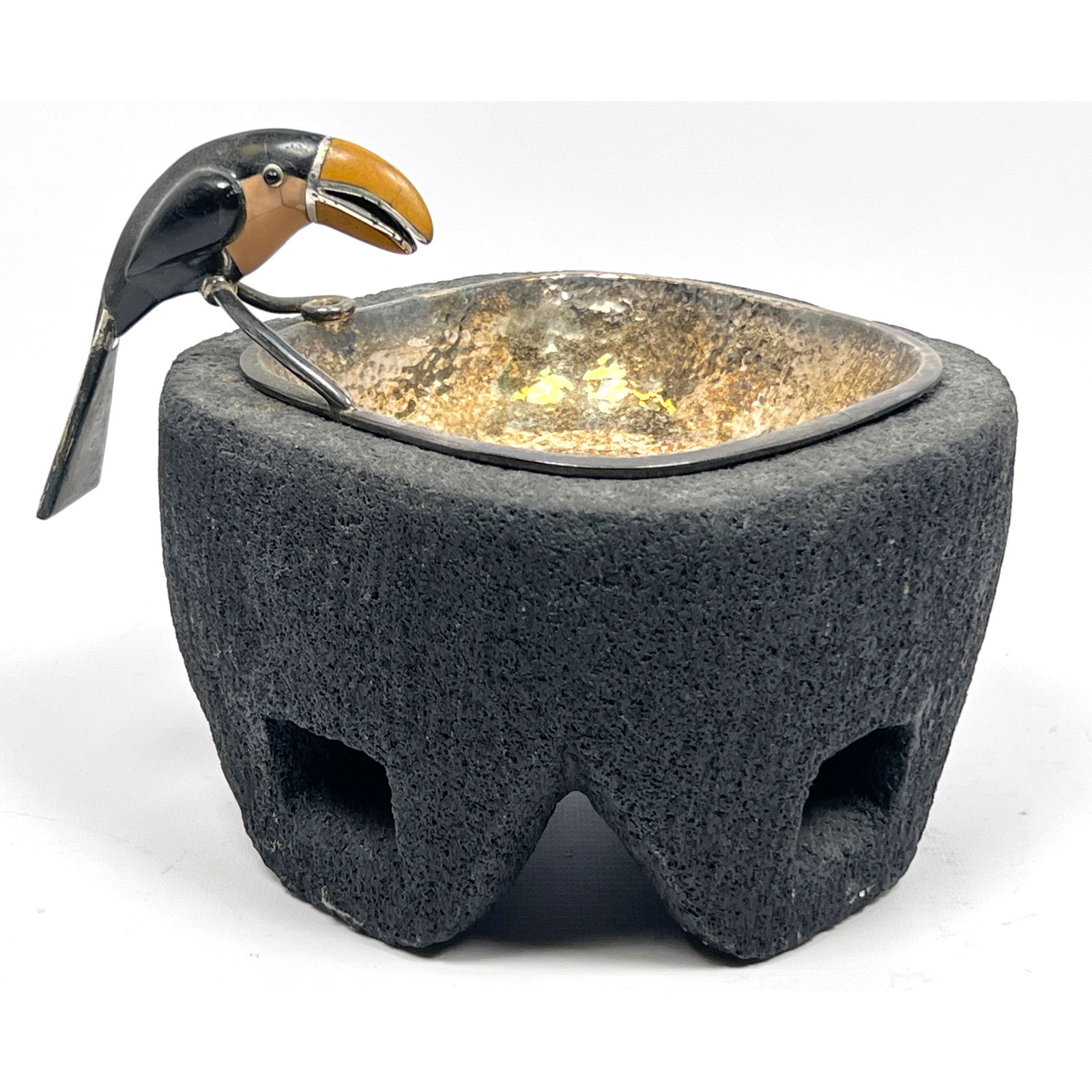 EMILIA CASTILLO Toucan Molcajete Set. Silver Plate Bowl nestles in Carved Volcanic Rock Exterior Bow (1 of 10)