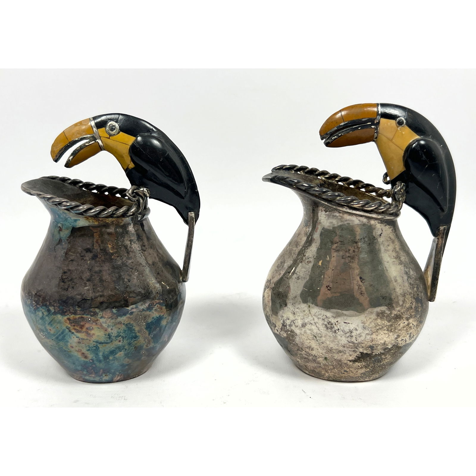 2pc  EMILIA CASTILLO Silver Plate Toucan Creamers. Mexican. Cream or Sauce Pitchers with  Twisted Me (1 of 10)