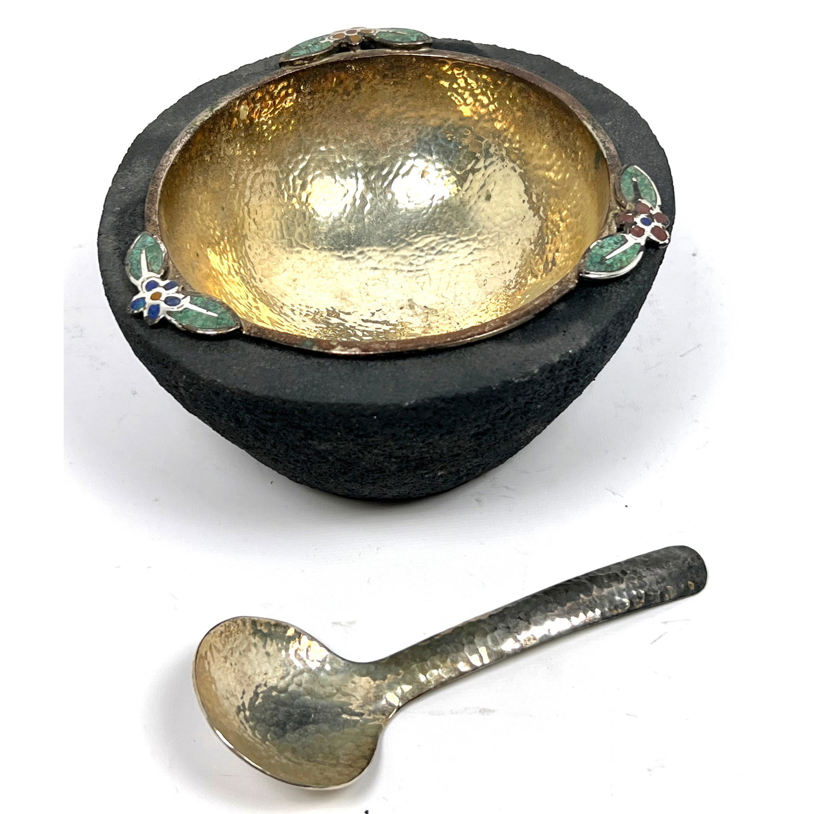 EMILIA CASTILLO Silver Plate Bowl Volcanic Rock Molcajete Set. Carved Volcanic Rock Exterior Bowl. S (1 of 11)