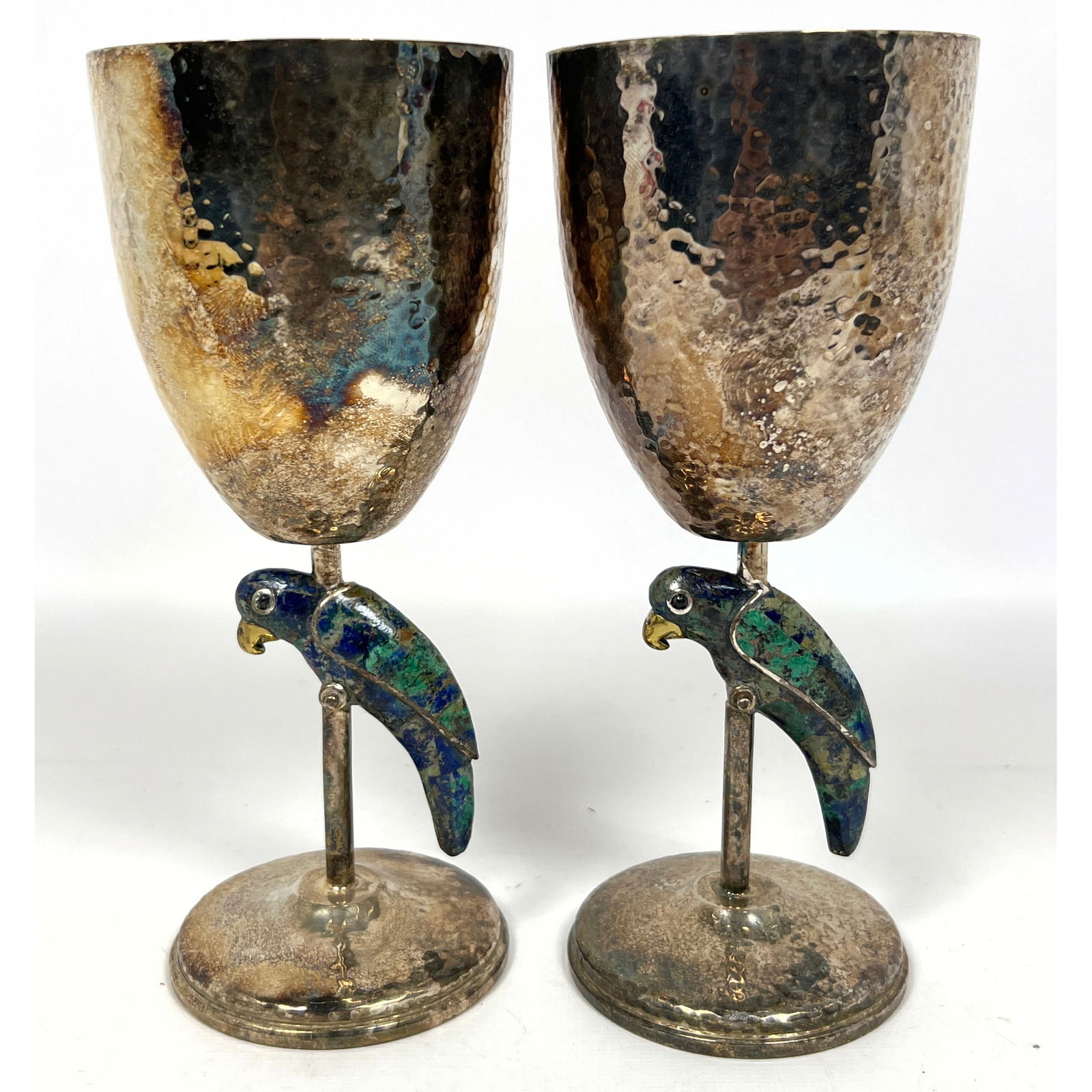 Pr LOS CASTILLO Stone Mosaic Parrot Stemware Goblets. Figural Stone Parrots perch on Mexican Stem Gl: Pr LOS CASTILLO Stone Mosaic Parrot Stemware Goblets. Figural Stone Parrots perch on Mexican Stem Glasses. Hallmarks. Dimensions: Height: 7.25 inches, Width: 3 inches, Depth: 3 inches. --- US Packing