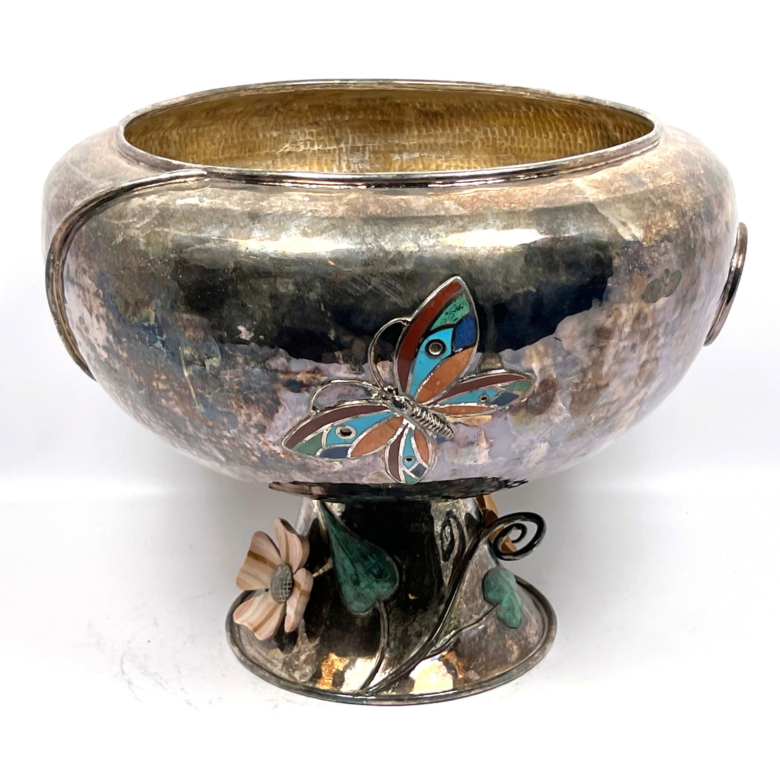 Large EMILIA CASTILLO Silver Plate Punch Bowl. Inlaid Stone Butterfly and Stone Flower Elements. Ped (1 of 11)