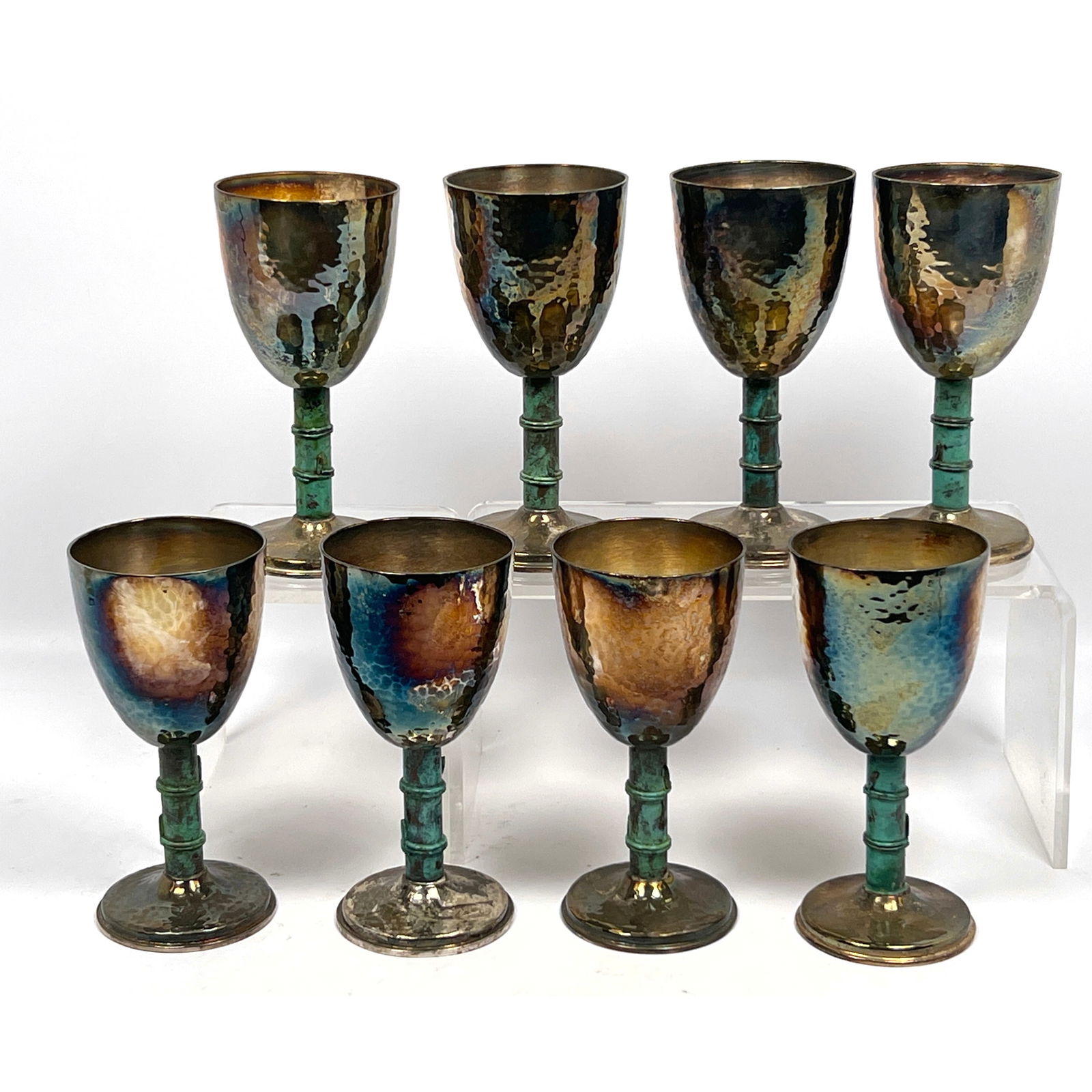 Set 8 EMILIA CASTILLO Silver Plate Bamboo Goblets.  Mexican.   Hammered Textured Cups above Green Pa (1 of 14)