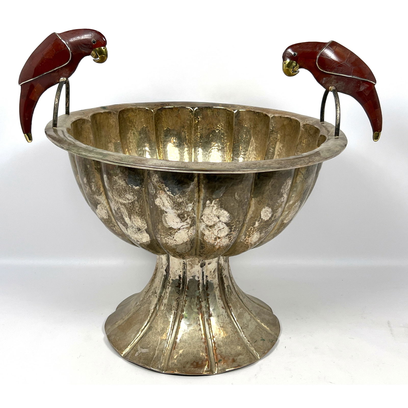 EMILIA CASTILLO Silver Plate Parrot Punch Bowl. Large Fluted Vessel Rests on Swollen Pedestal Base. (1 of 12)
