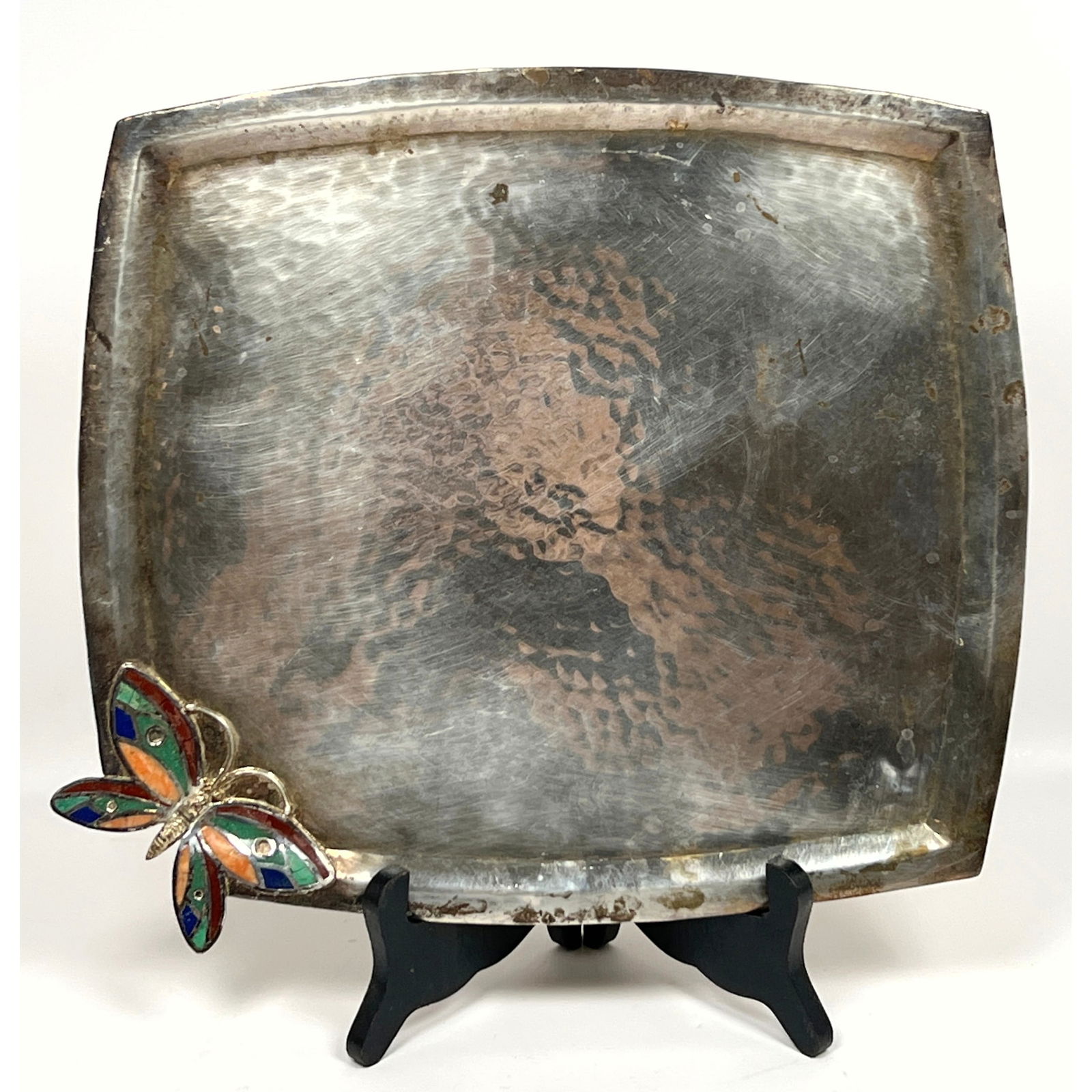 EMILIA CASTILLO Silver Plate Butterfly Tray. Inlaid Stone Butterfly Accent. Mexican. Marked. (1 of 8)