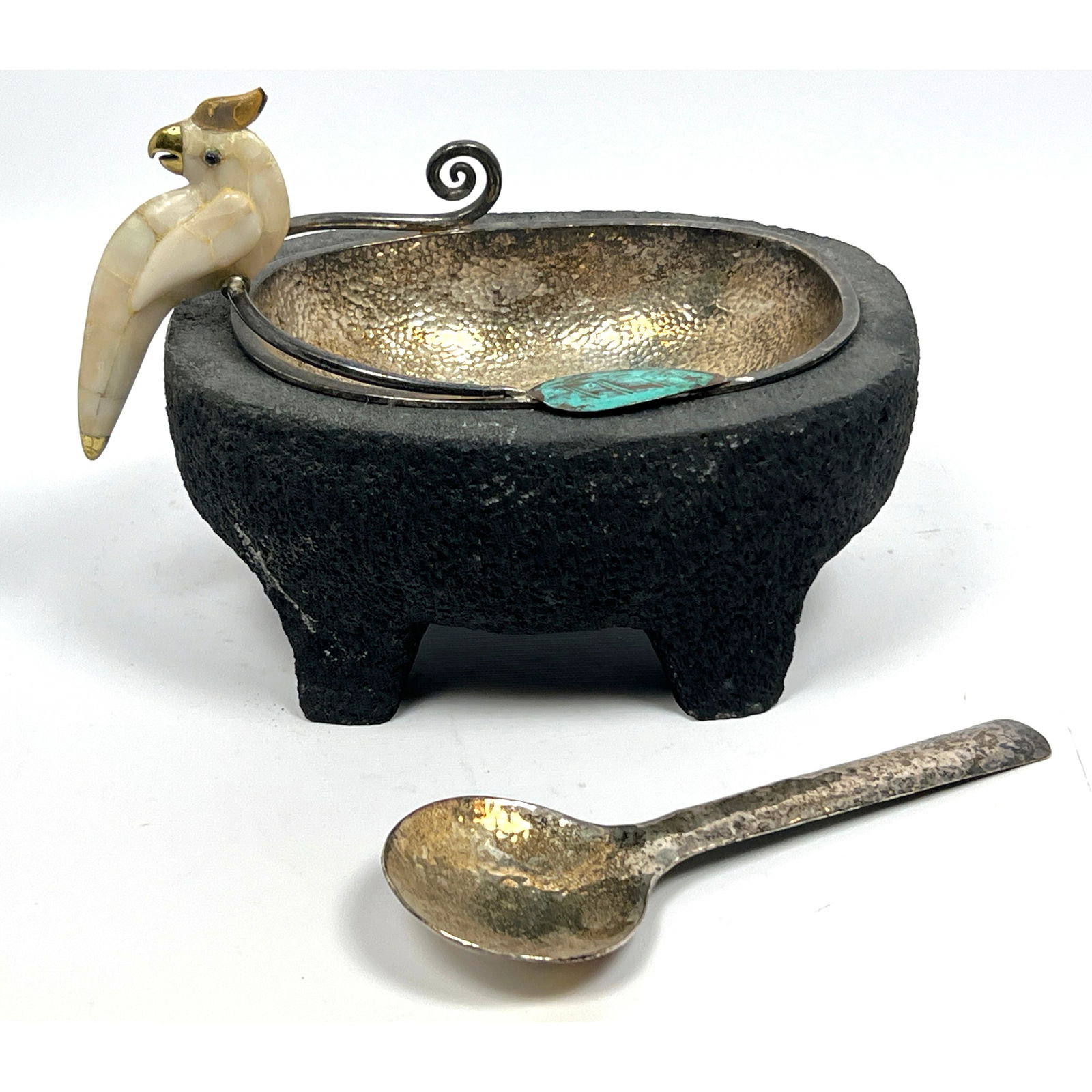 EMILIA CASTILLO Silver Plate, Volcanic Rock Molcajete Set. Mexican. Lava Rock Footed Bowl surrounds (1 of 13)