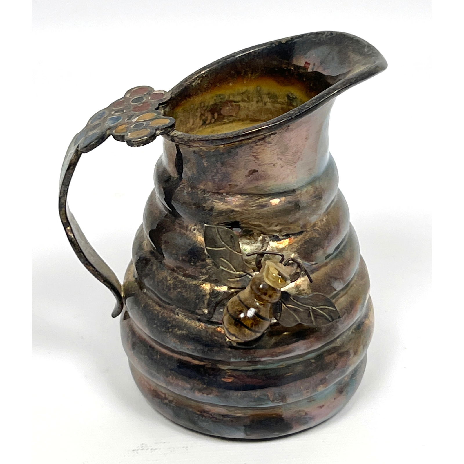 LOS CASTILLO Silver Plate Beehive Form Creamer, Honey Pot. Figural Amber Honey Bee. Stone Mosaic Inl (1 of 8)