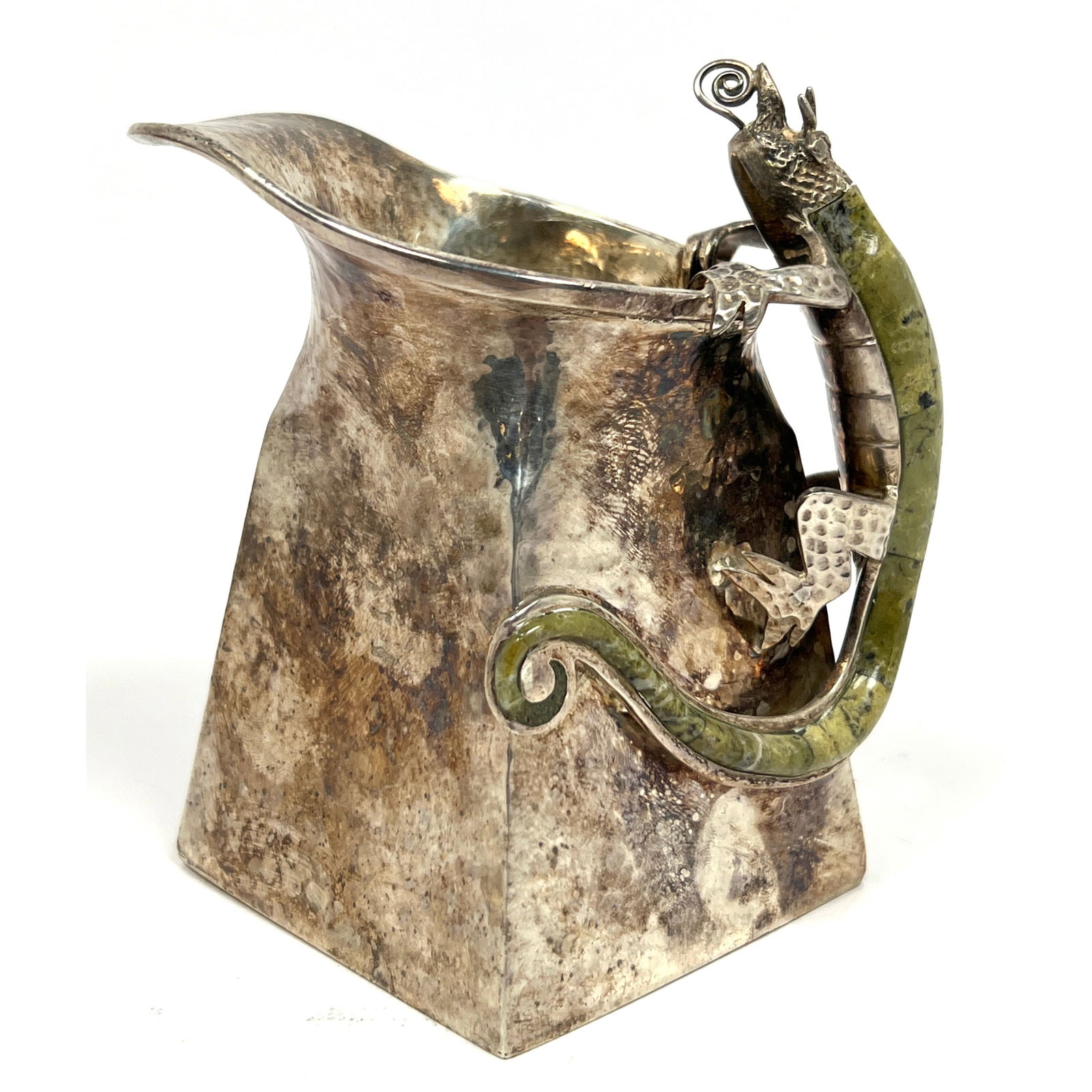 LOS BALLESTEROS Silver Plate Inlaid Horned Chameleon Creamer. Squared form Vessel has Chameleon Hand (1 of 9)