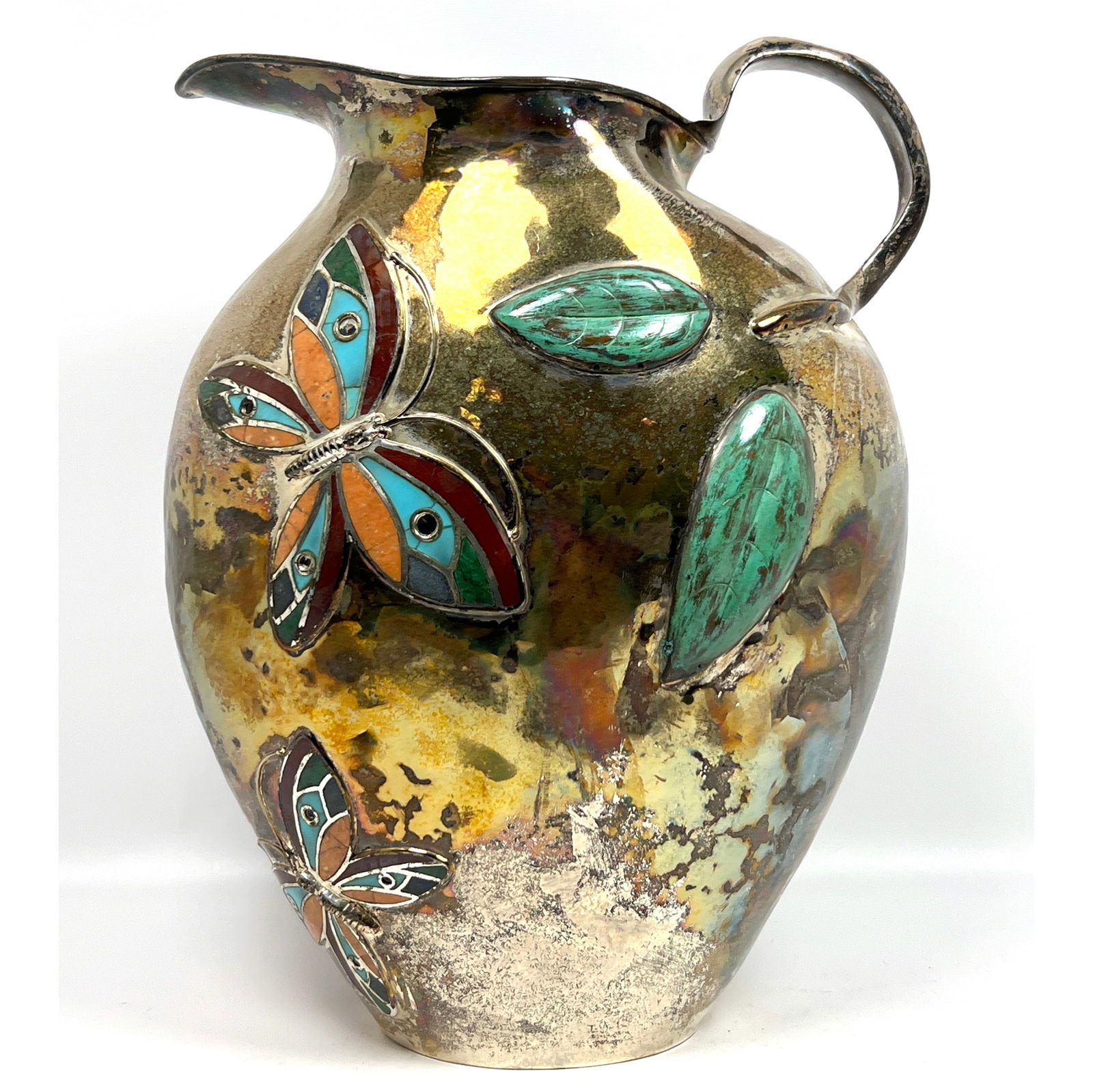 EMILIA CASTILLO Silver Plate Butterfly Pitcher. Mexican Water Jug. Large Bulbous Form has 3 Applied (1 of 15)
