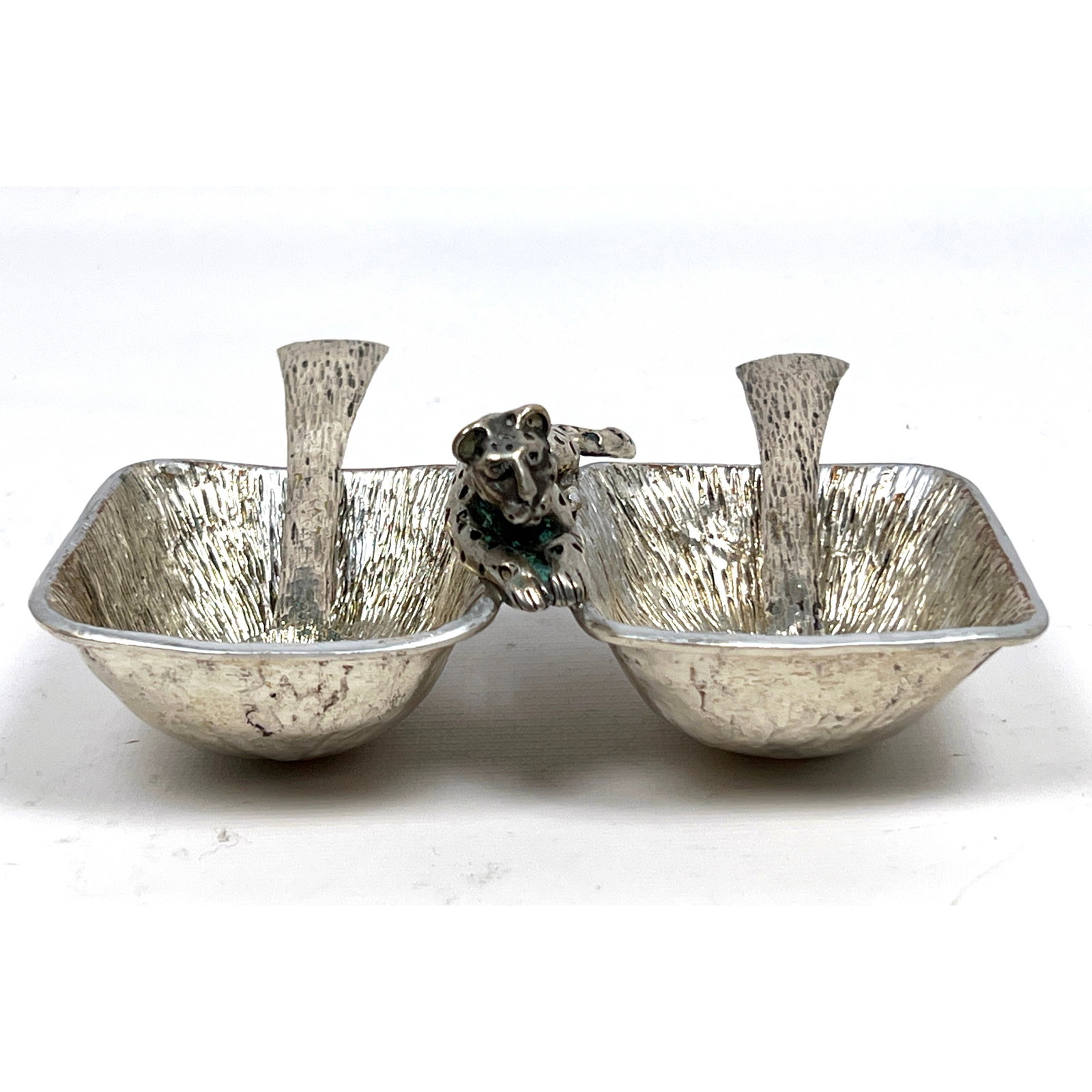 EMILIA CASTILLO Silver Plate Jaguar Double Compartment Dish. Pr Serving Spoons. Figural Jaguar cente (1 of 11)