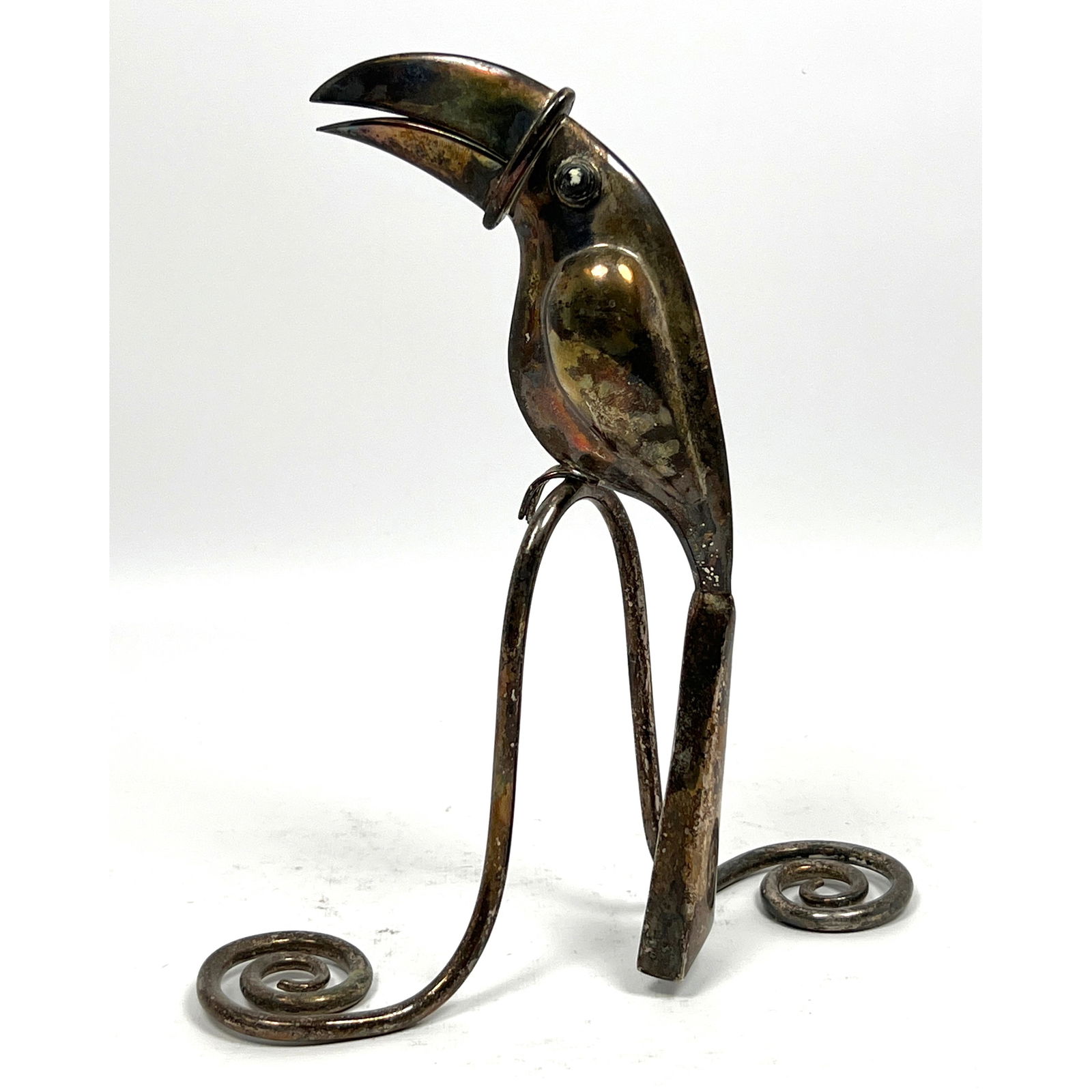 EMILIA CASTILLO Clever Figural Toucan Bottle Opener. On Elegant Sculptural Detachable Stand. Silver (1 of 13)