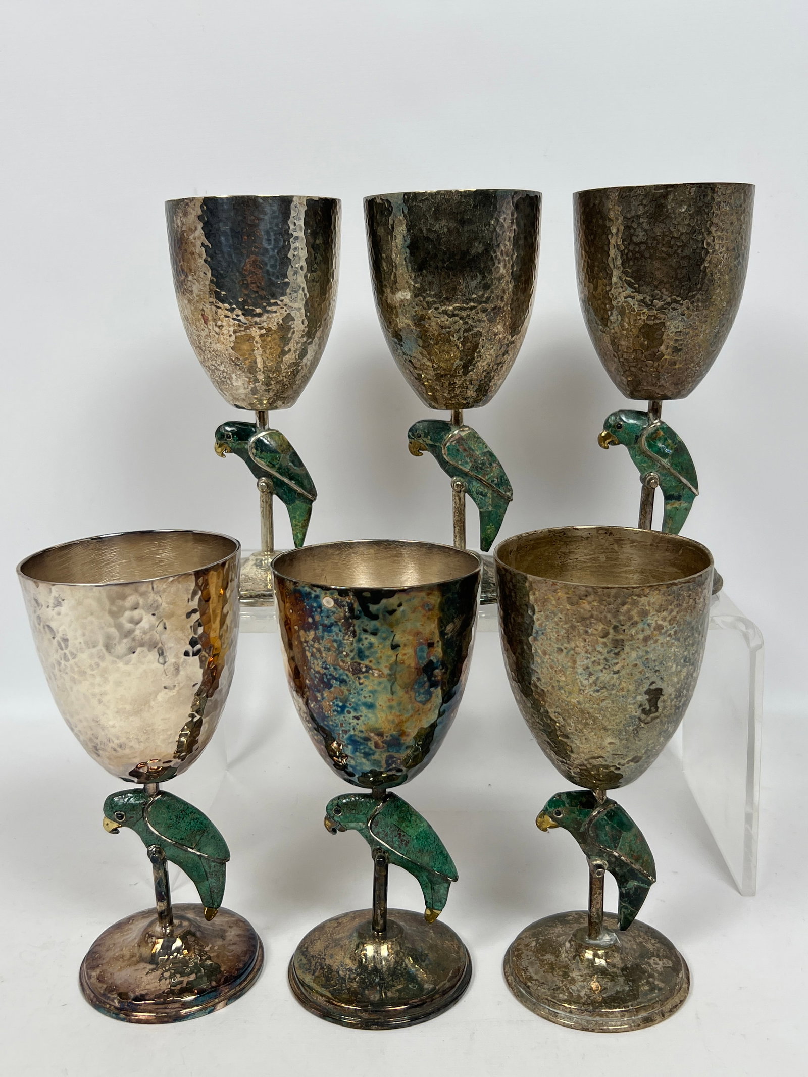 Set 6 EMILIA CASTILLO Figural Parrot Goblets. Handcrafted Mexican Silver Plate Drinking Stemware. St (1 of 12)