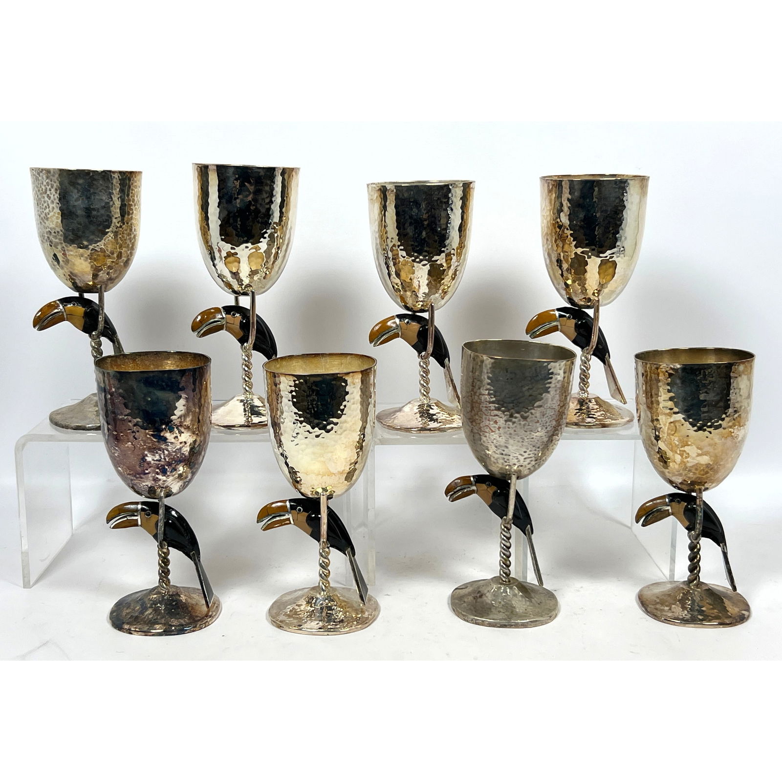 Set 8 EMILIA CASTILLO Silver Plate Toucan Goblets. Hand Crafted Mexican Stemware. Each features Inla (1 of 16)