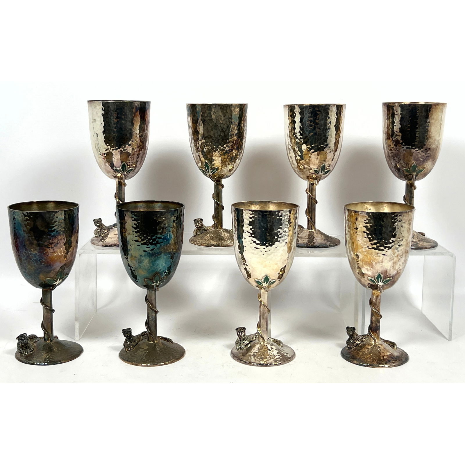 Set of 8 EMILIA CASTILLO Silver Plate Jaguar Goblets. Hammered Finish. Each has Figural Jaguar On Ba (1 of 16)