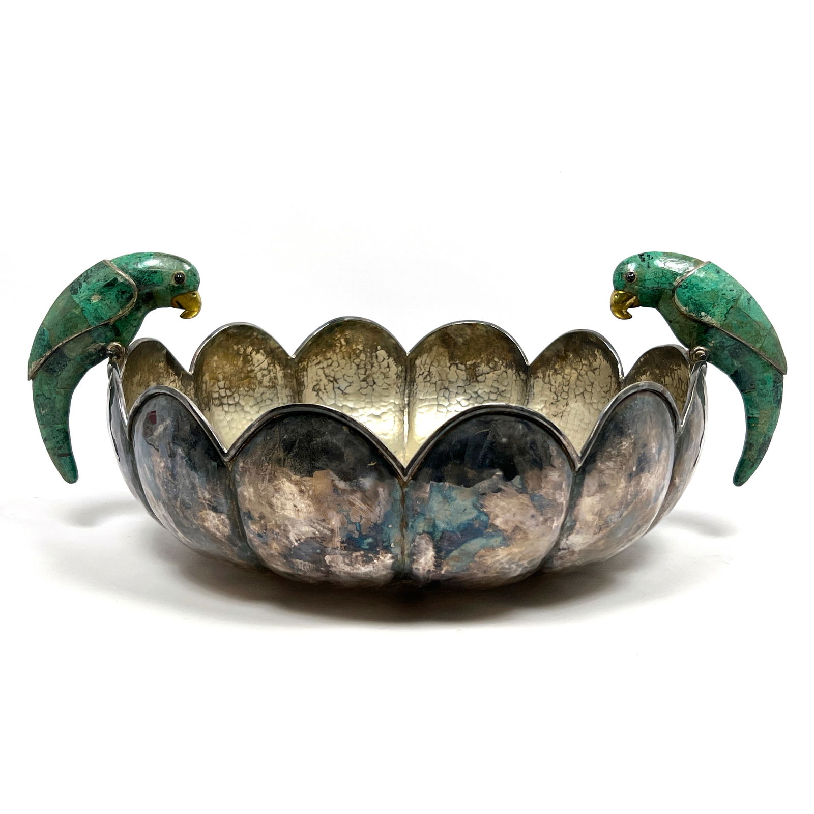 Large Los Castillo silver-plated centerpiece bowl with parrot handles.  Hammered bowl with stone par (1 of 13)