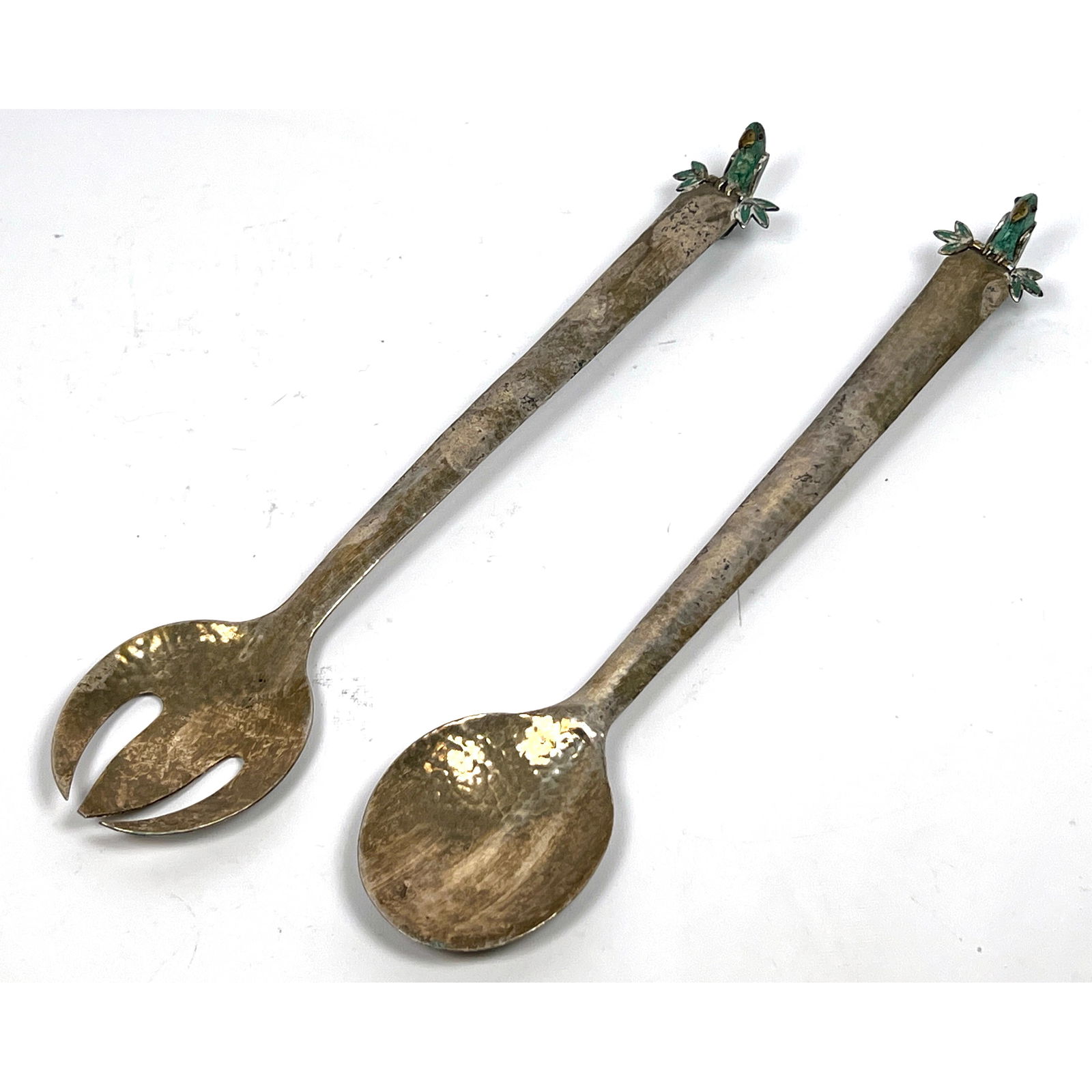 Pr EMILIA CASTILLO Silver Plate Parrot Salad Servers. Mexican. Large Hammered Spoon and Fork have In (1 of 12)