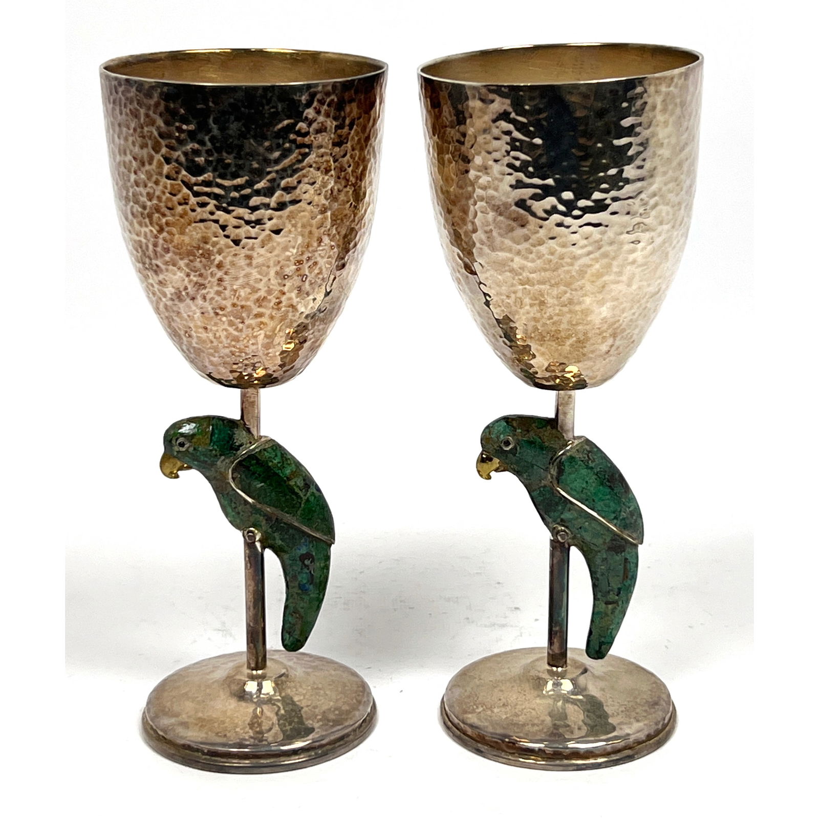 Pr LOS CASTILLO Silver Plate Inlaid Parrot Goblets. Taxco, Mexico. Hammered Texture Drinking Vessels (1 of 14)