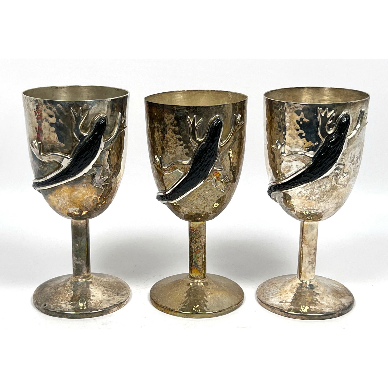 Set of 3  EMILIA CASTILLO Silver Plate Lizard Goblets. Mexican.  Hammered Texture Drinking Vessels h (1 of 13)