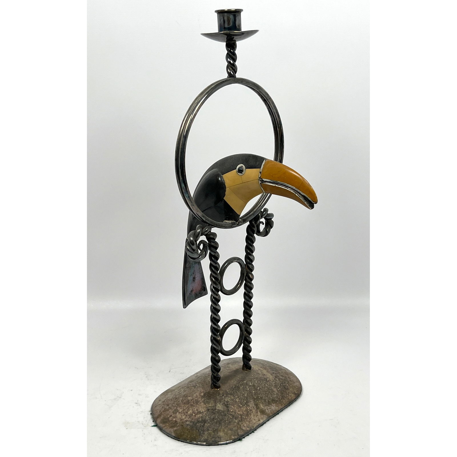 EMILIA CASTILLO Silver Plate Toucan Candle Holder.  Figural Stone Mosaic Toucan perched in Hoop Elem (1 of 14)